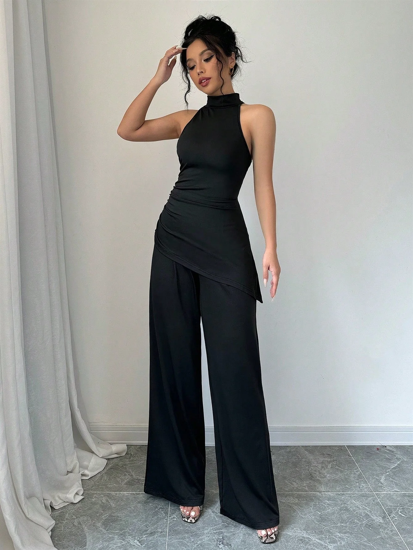 2pcs Set Solid Color Asymmetric Hem Sleeveless Top And Straight Leg Pants - Image 5