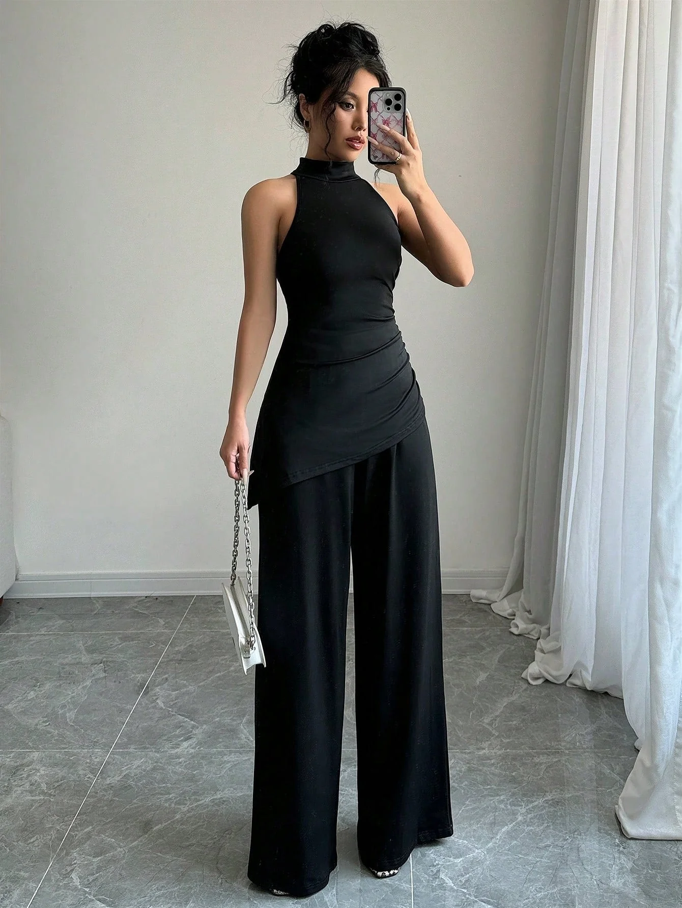 2pcs Set Solid Color Asymmetric Hem Sleeveless Top And Straight Leg Pants - Image 6