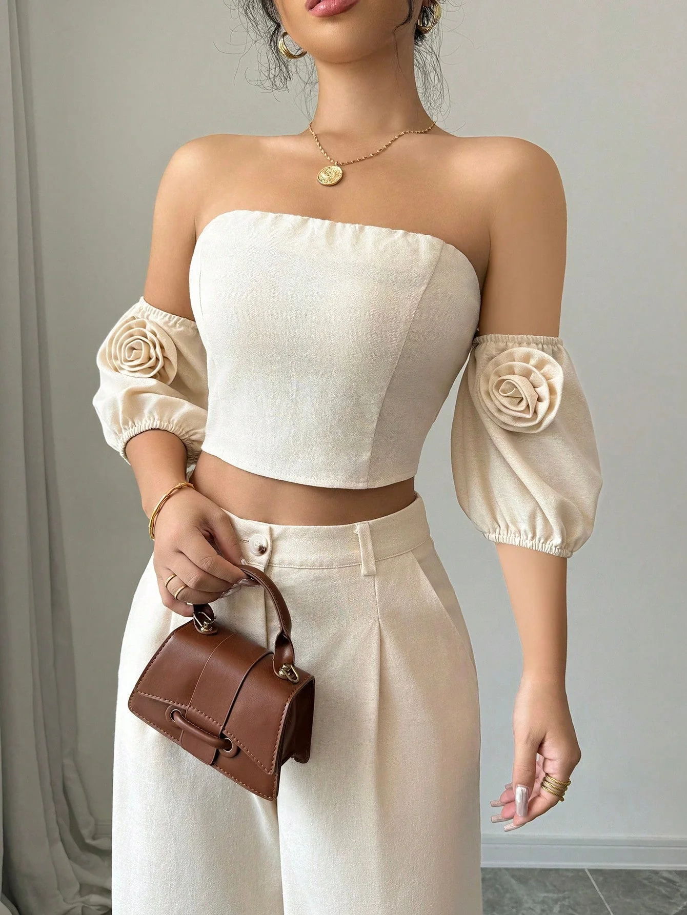 2pcs Set Valentine's Day 3D Flower Off Shoulder Top And Pants - Image 4