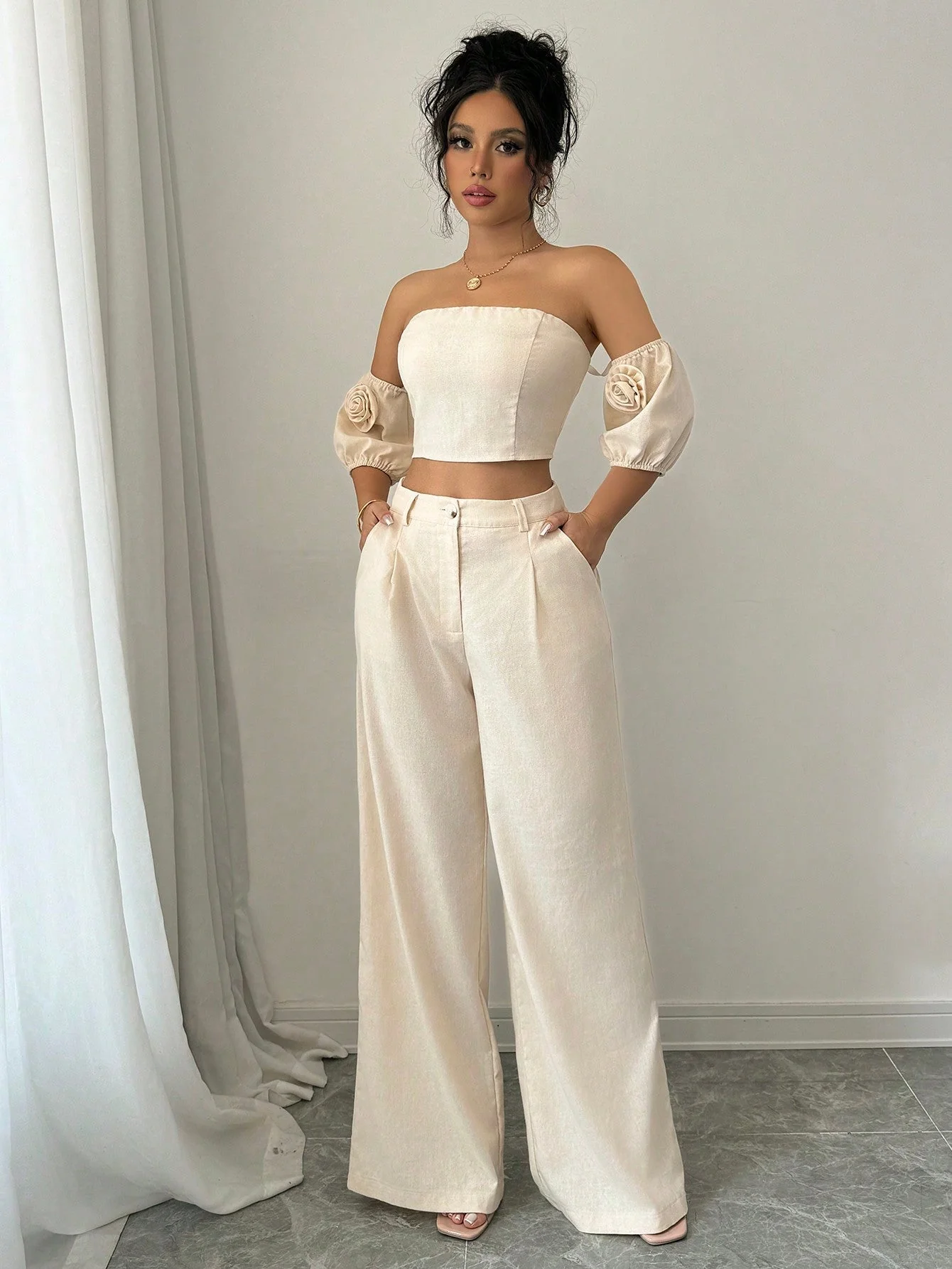 2pcs Set Valentine's Day 3D Flower Off Shoulder Top And Pants - Image 5