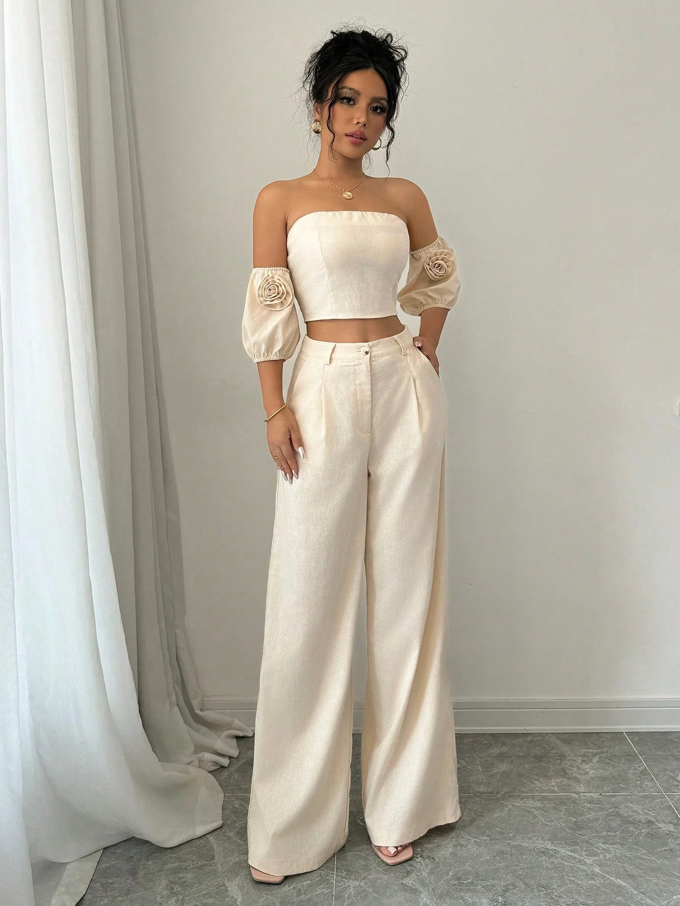 2pcs Set Valentine's Day 3D Flower Off Shoulder Top And Pants - Image 7
