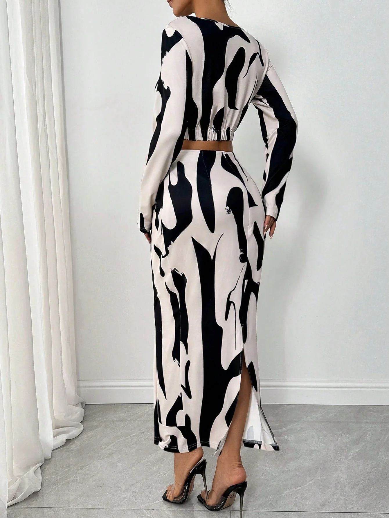 2pcs/Set Women Elastic Print Material High Neck Gathered Dress - Image 2