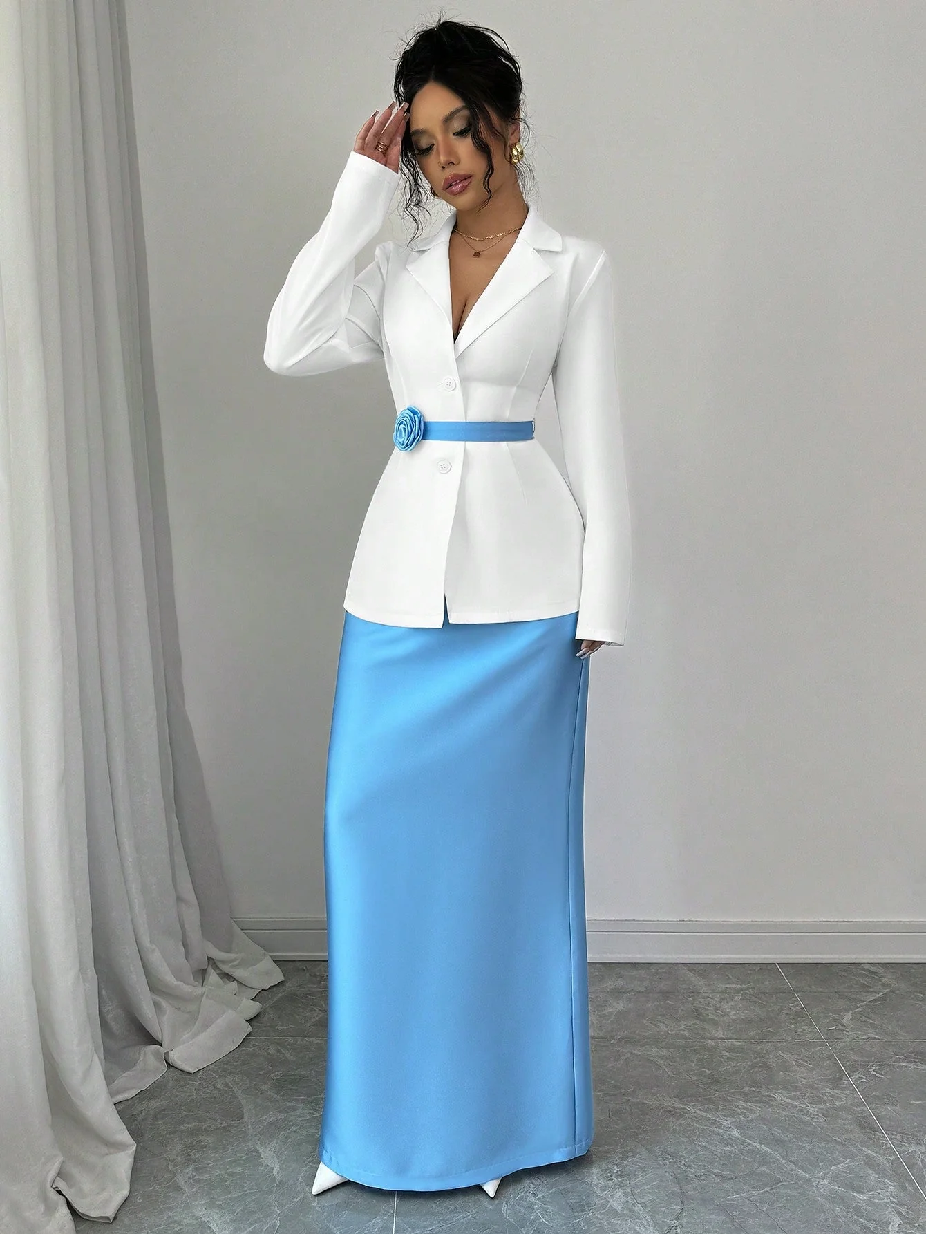 2pcs Set Women Elegant Collared Jacket & A-Line Skirt With Floral Buttons Design - Image 3