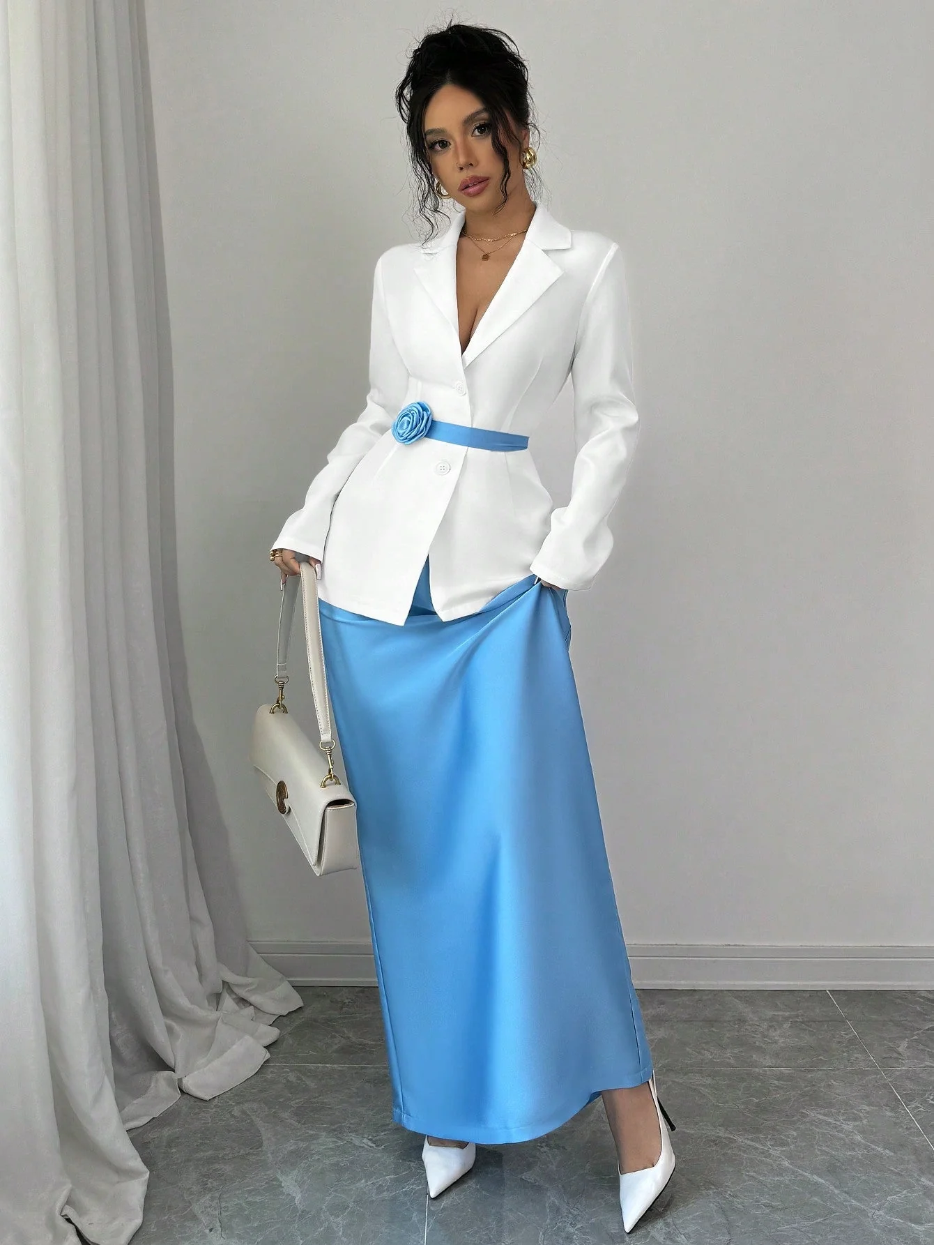 2pcs Set Women Elegant Collared Jacket & A-Line Skirt With Floral Buttons Design - Image 5