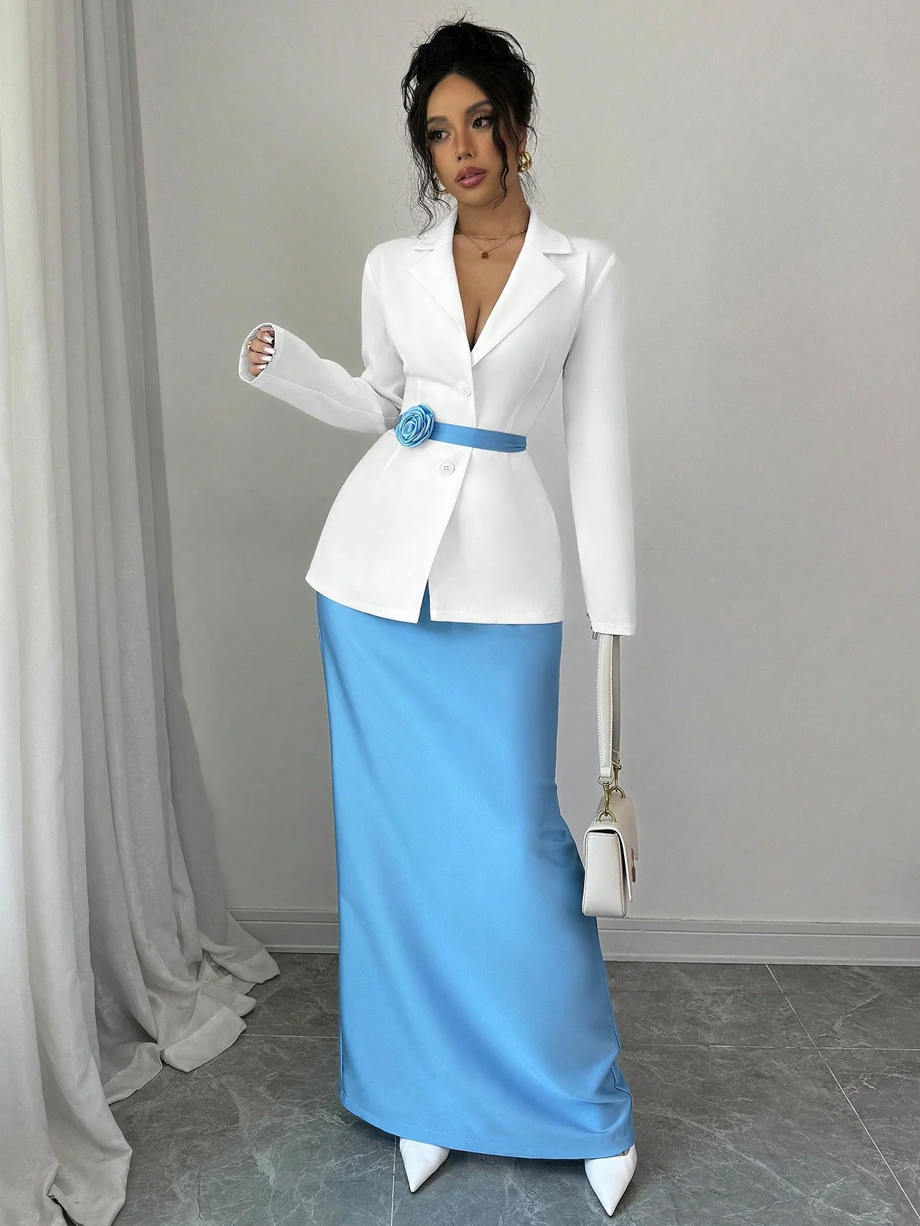 2pcs Set Women Elegant Collared Jacket & A-Line Skirt With Floral Buttons Design - Image 6