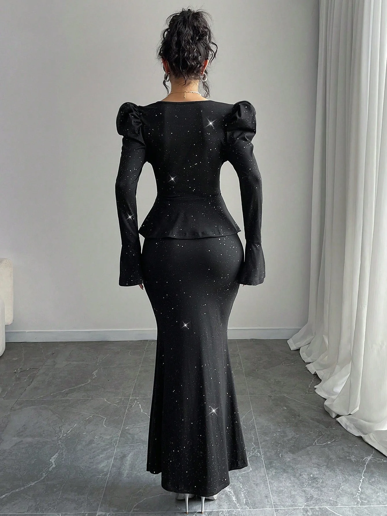 2pcs/Set Women Elegant Glittering V-Neck Ruffle Sleeve Blouse And Wrap Mermaid Skirt - Image 2