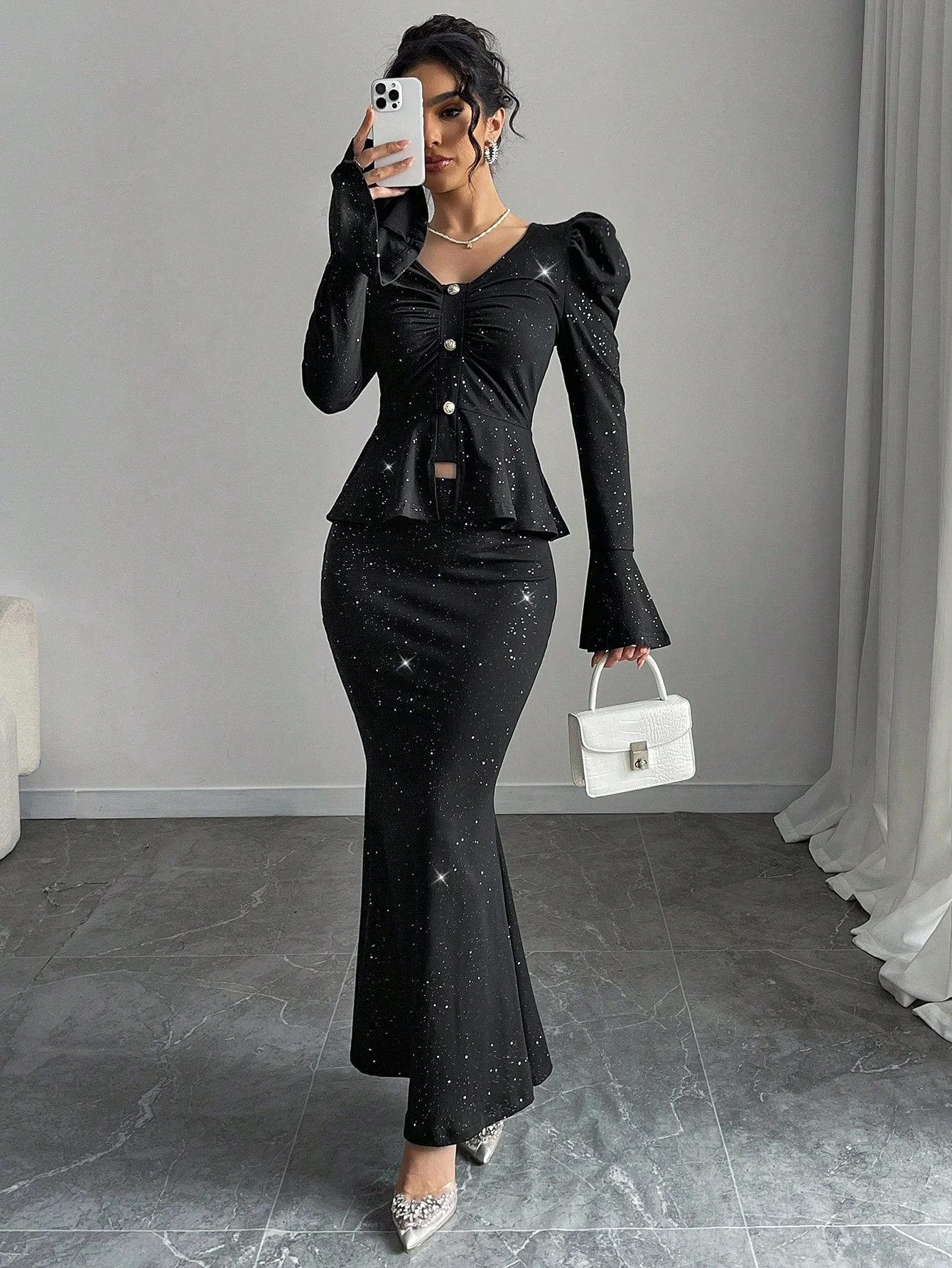 2pcs/Set Women Elegant Glittering V-Neck Ruffle Sleeve Blouse And Wrap Mermaid Skirt - Image 3