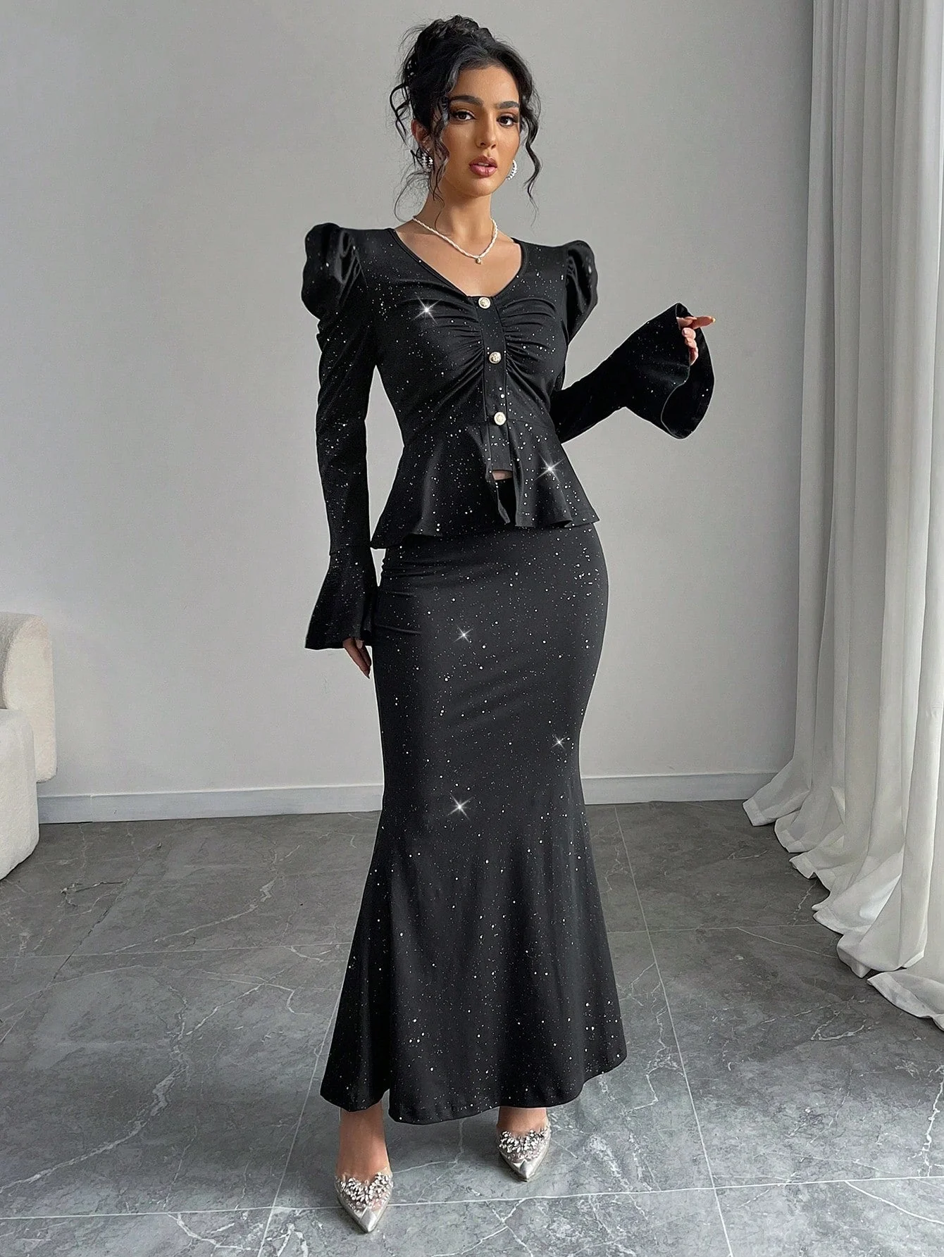 2pcs/Set Women Elegant Glittering V-Neck Ruffle Sleeve Blouse And Wrap Mermaid Skirt - Image 4