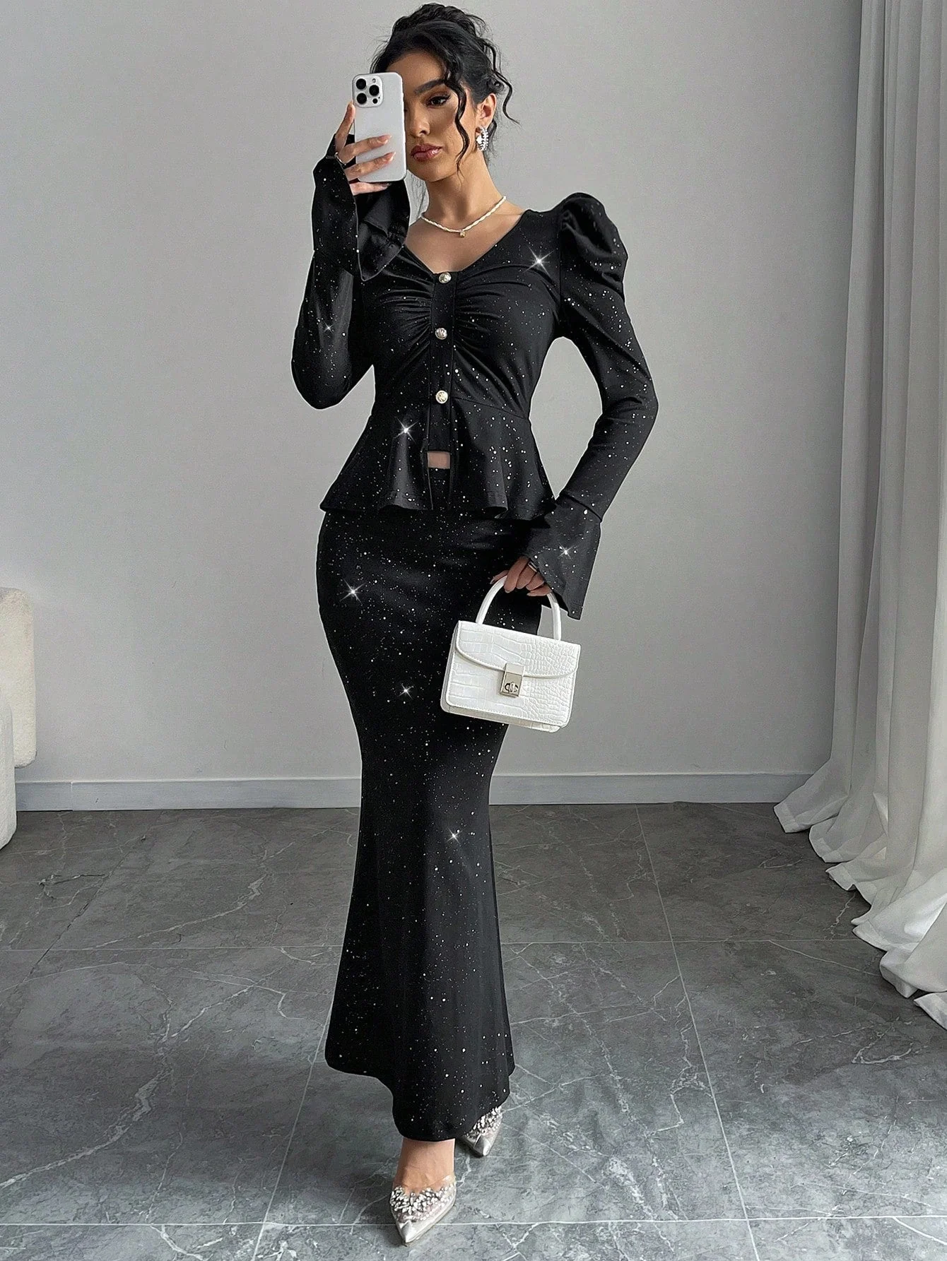 2pcs/Set Women Elegant Glittering V-Neck Ruffle Sleeve Blouse And Wrap Mermaid Skirt - Image 5