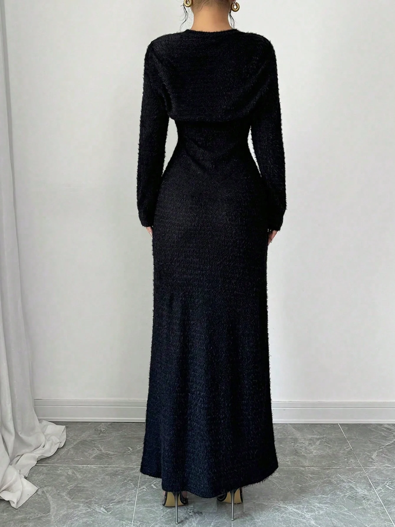 2pcs/Set Women Elegant Solid Color Mermaid Sleeveless Long Dress & Shawl Collar Top - Image 2