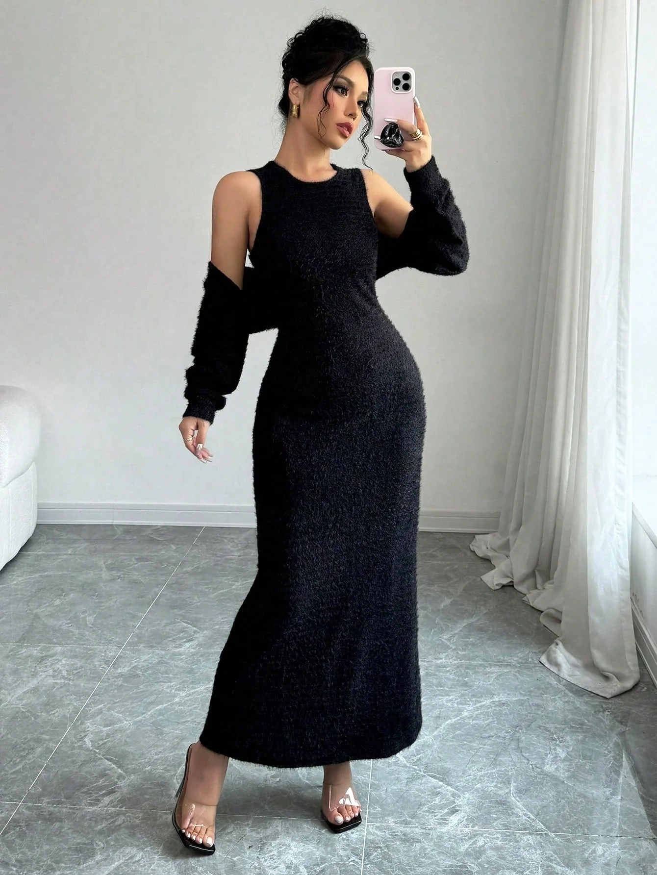 2pcs/Set Women Elegant Solid Color Mermaid Sleeveless Long Dress & Shawl Collar Top - Image 4