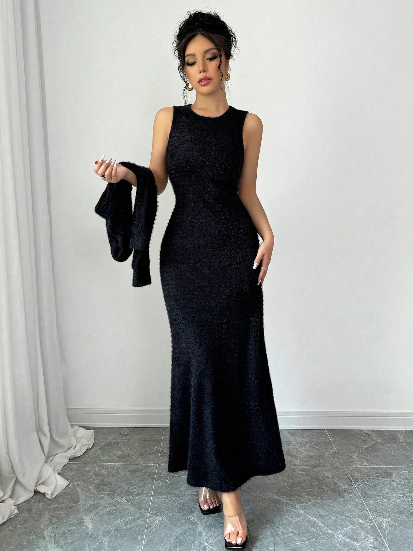 2pcs/Set Women Elegant Solid Color Mermaid Sleeveless Long Dress & Shawl Collar Top - Image 6