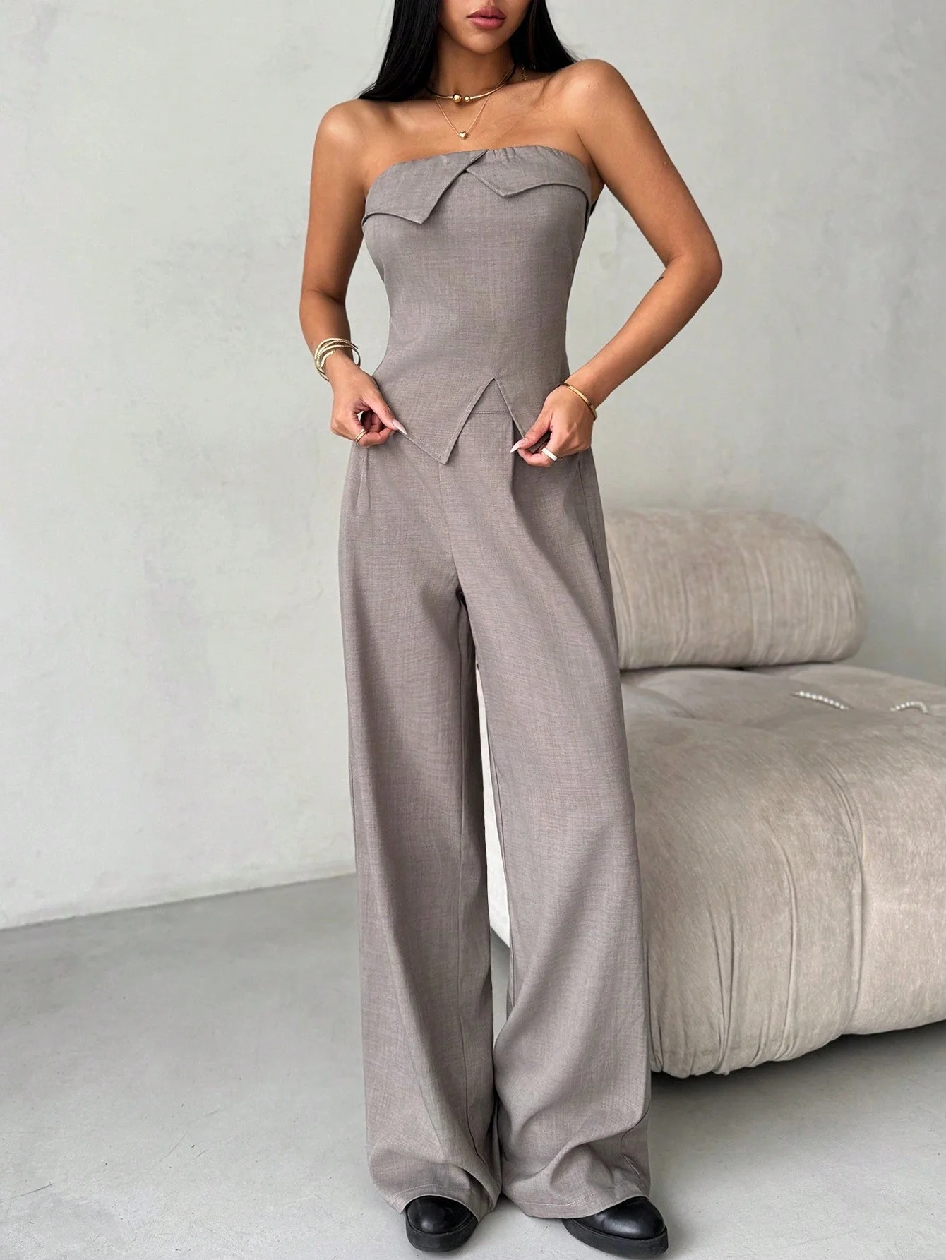 2pcs/Set Women Ruched Bandeau Top + Wide Leg Pants