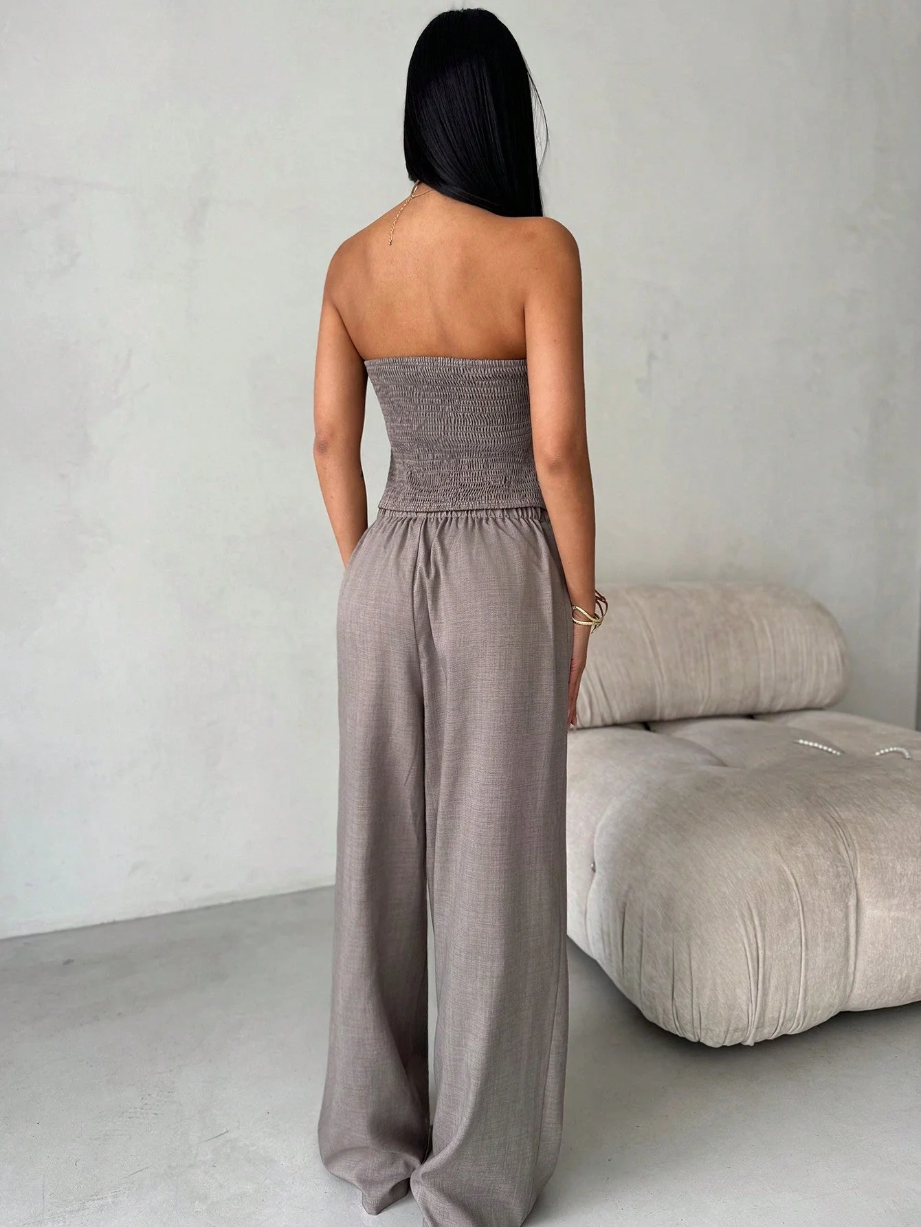 2pcs/Set Women Ruched Bandeau Top + Wide Leg Pants - Image 2