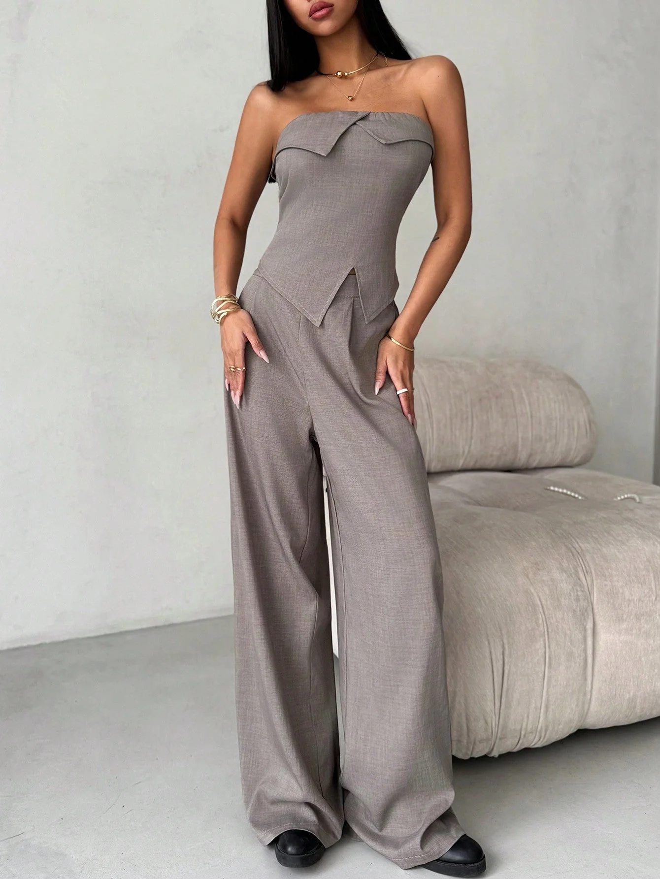 2pcs/Set Women Ruched Bandeau Top + Wide Leg Pants - Image 4