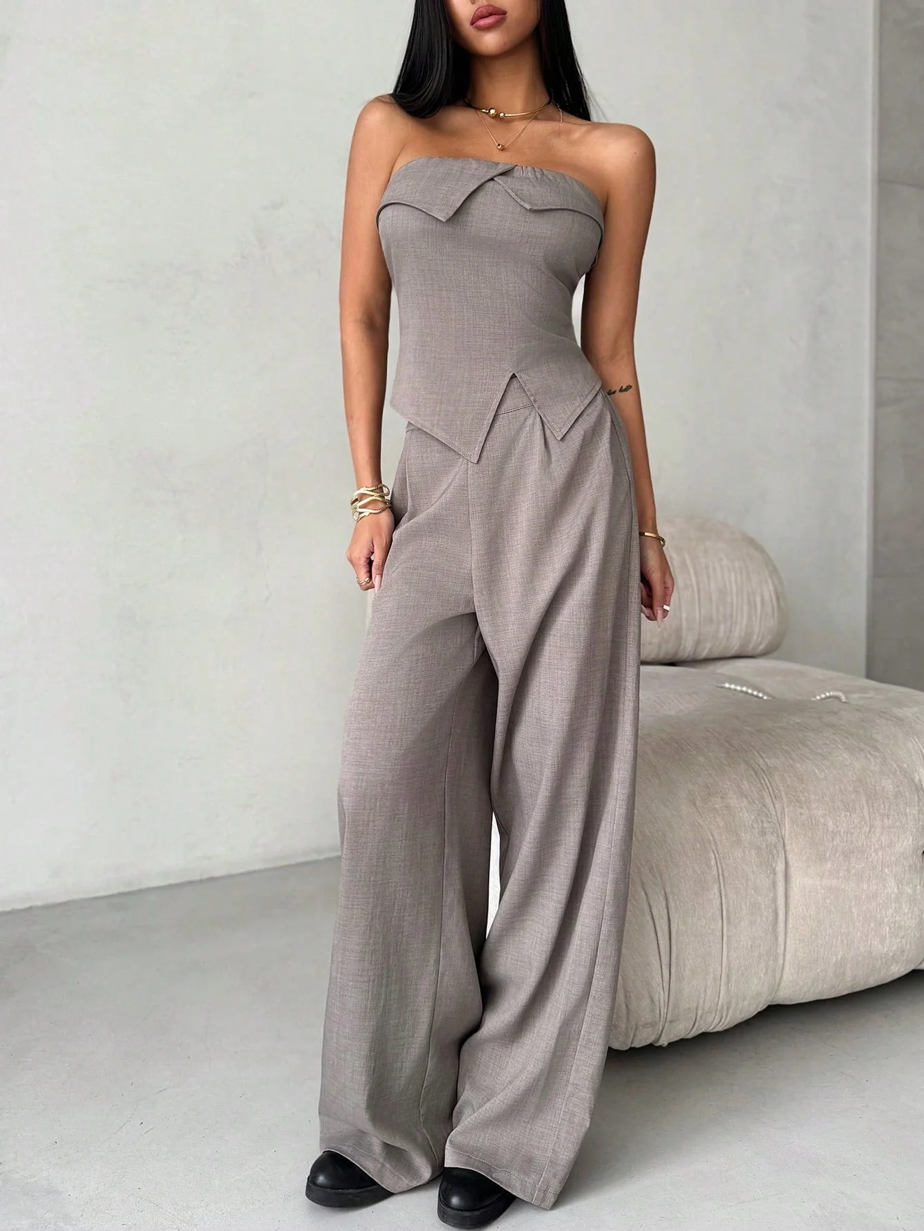 2pcs/Set Women Ruched Bandeau Top + Wide Leg Pants - Image 5