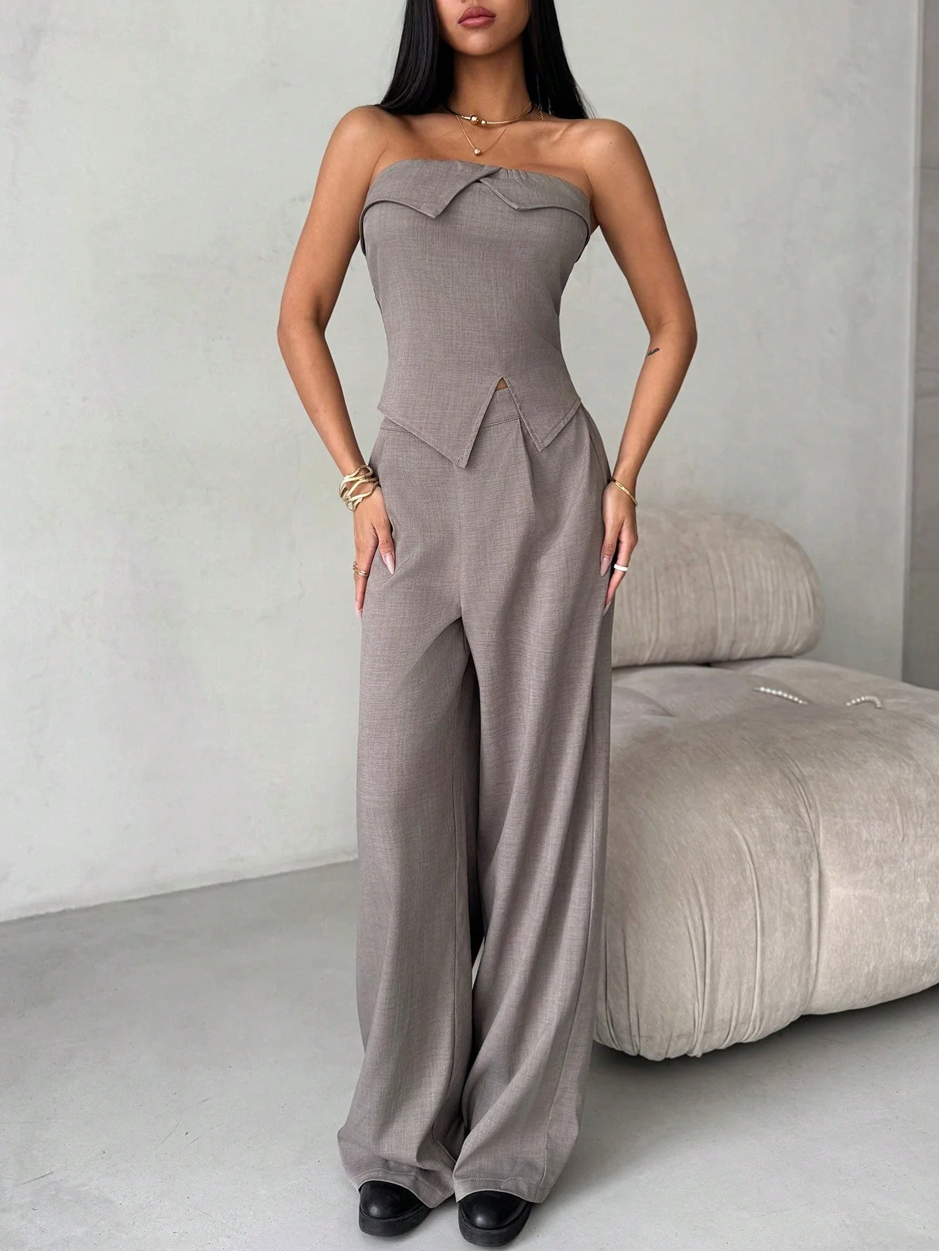 2pcs/Set Women Ruched Bandeau Top + Wide Leg Pants - Image 6