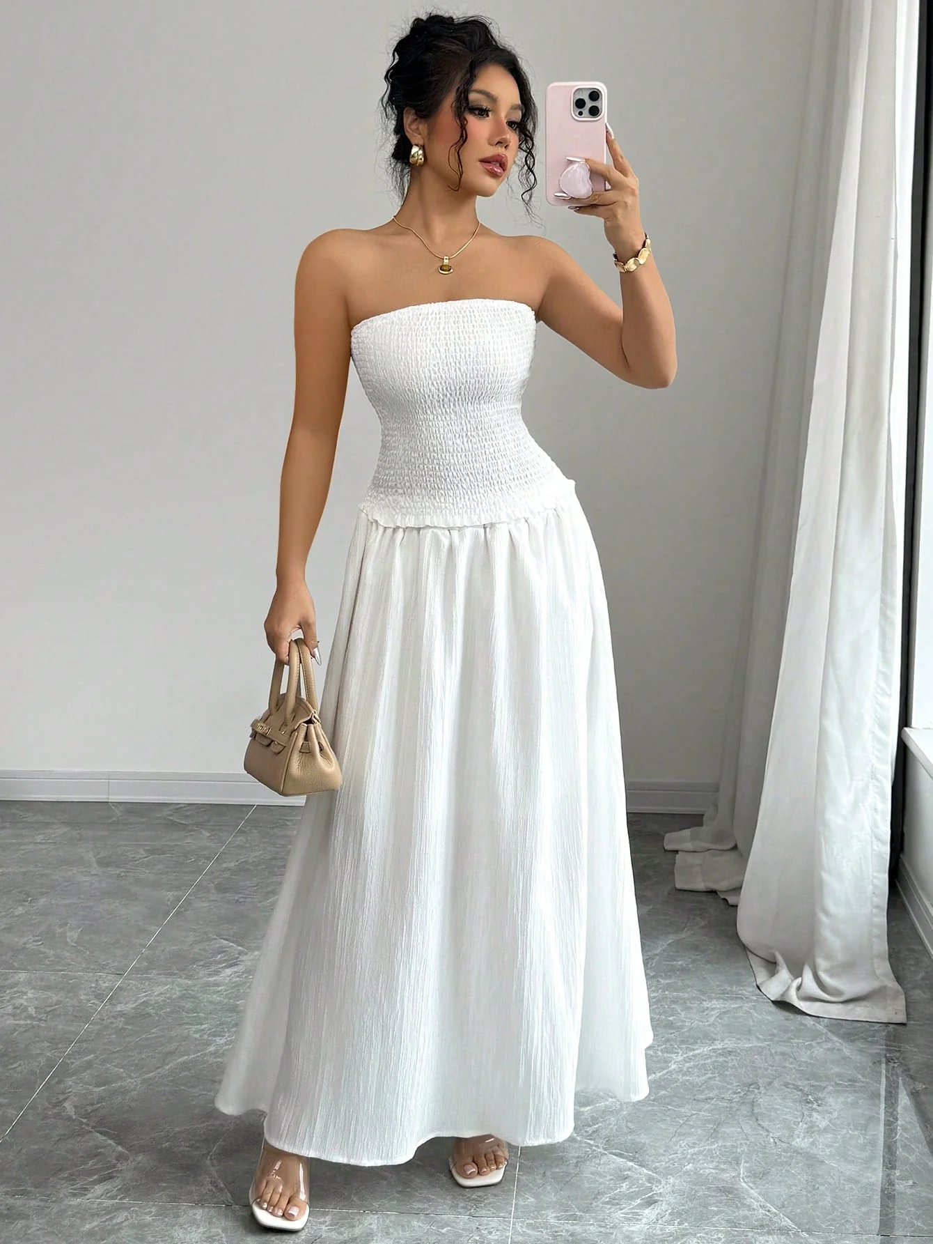 2pcs/Set Women Sleeveless Crop Top And Mid-Length Skirt, White