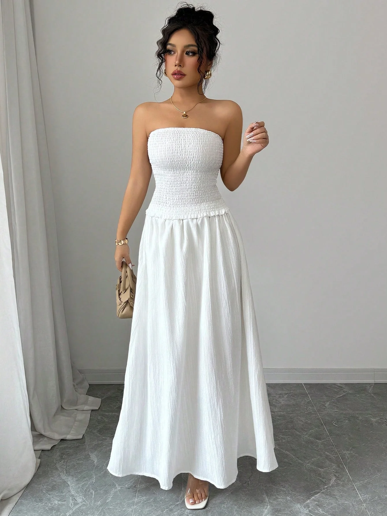2pcs/Set Women Sleeveless Crop Top And Mid-Length Skirt, White - Image 3