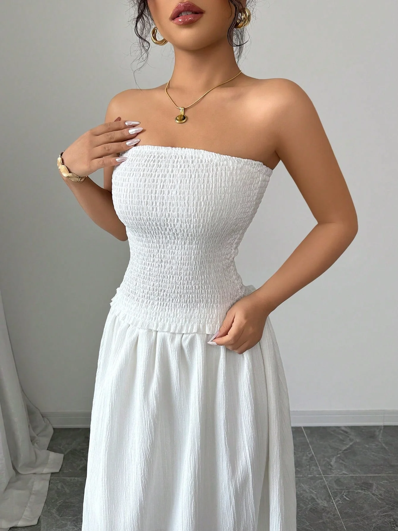 2pcs/Set Women Sleeveless Crop Top And Mid-Length Skirt, White - Image 4