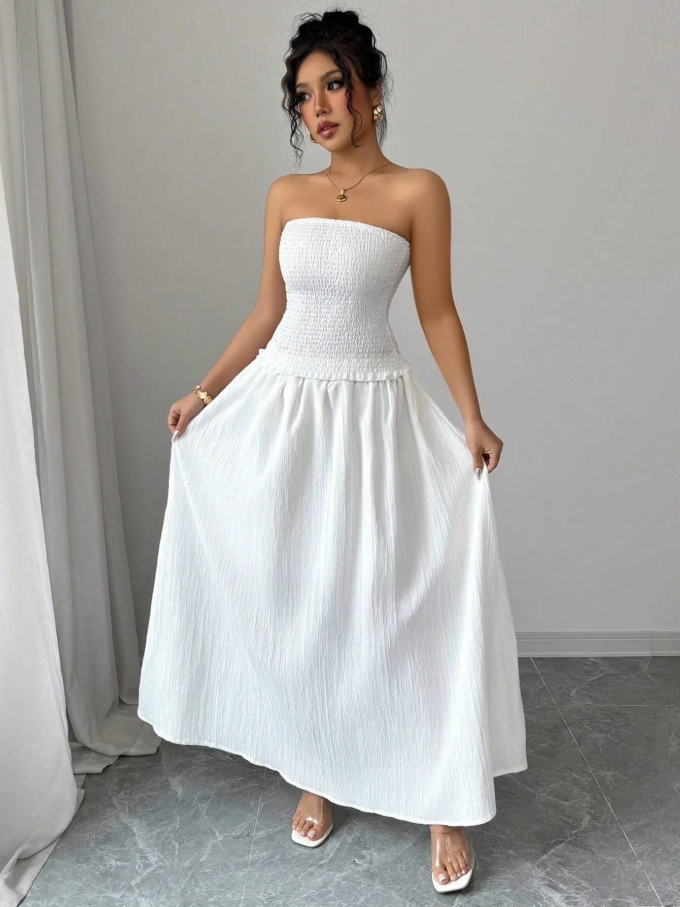 2pcs/Set Women Sleeveless Crop Top And Mid-Length Skirt, White - Image 5