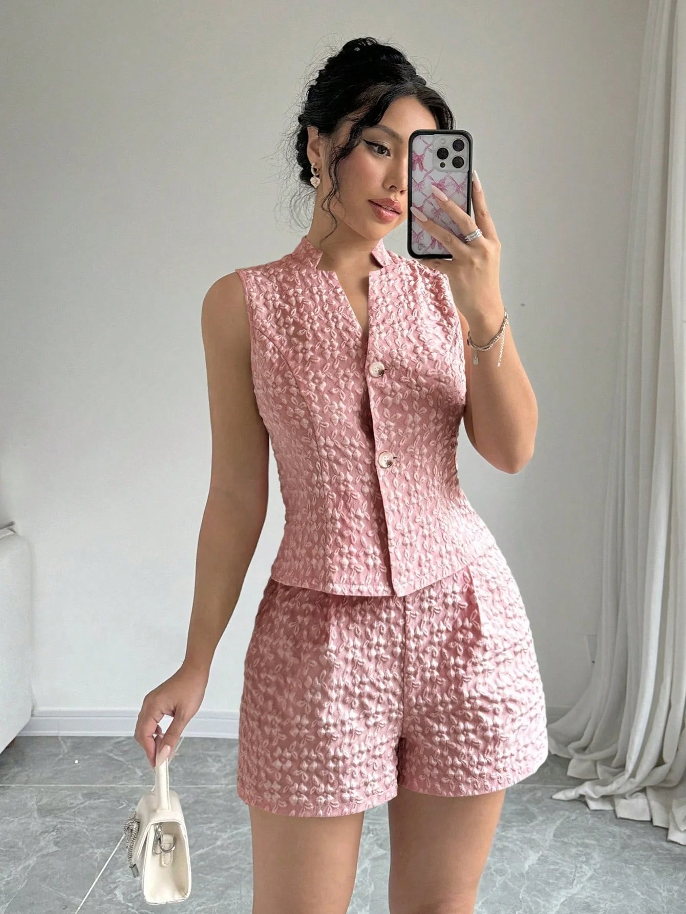 2pcs Solid Front Button Sleeveless Casual Top And Shorts Set - Image 14