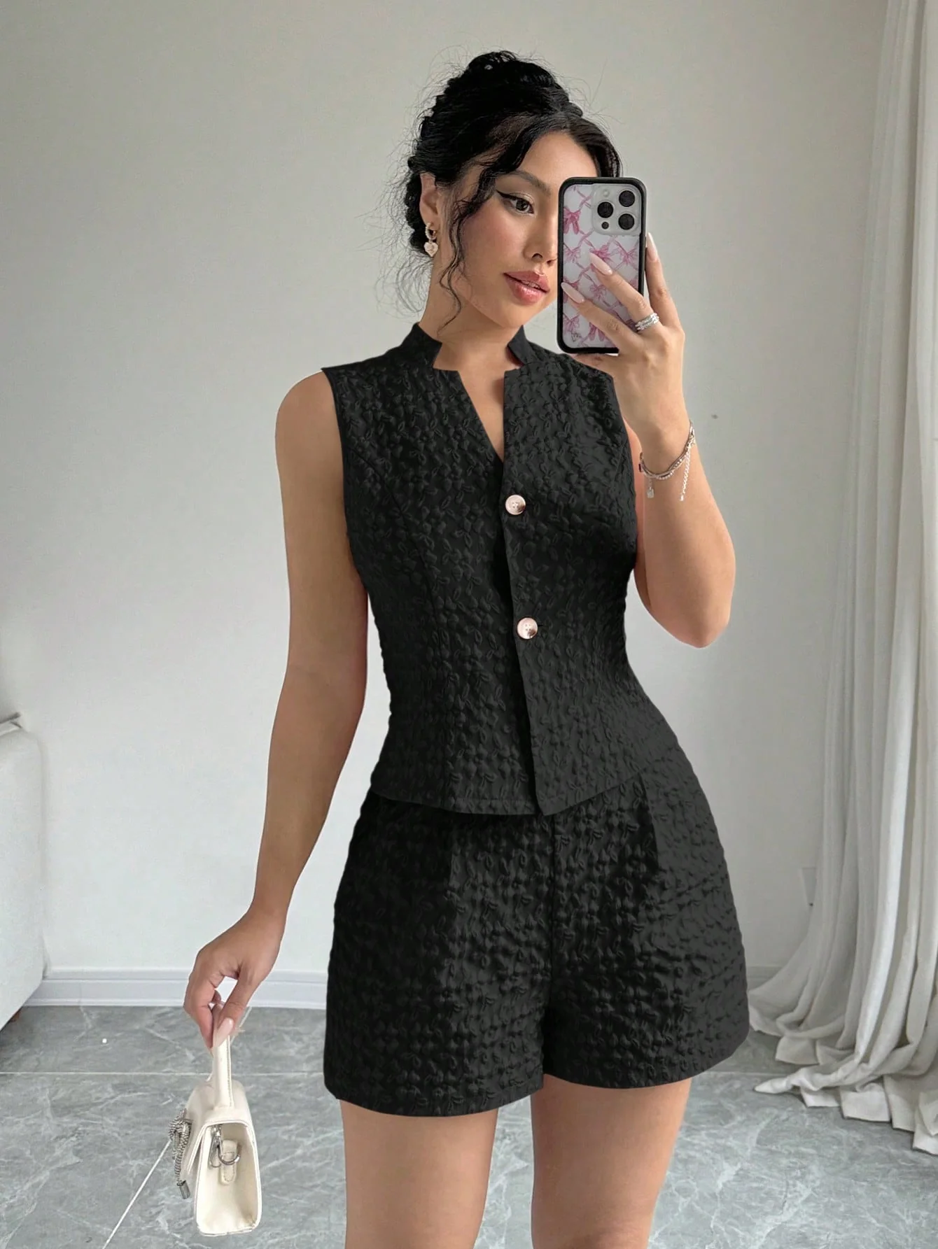 2pcs Solid Front Button Sleeveless Casual Top And Shorts Set - Image 2