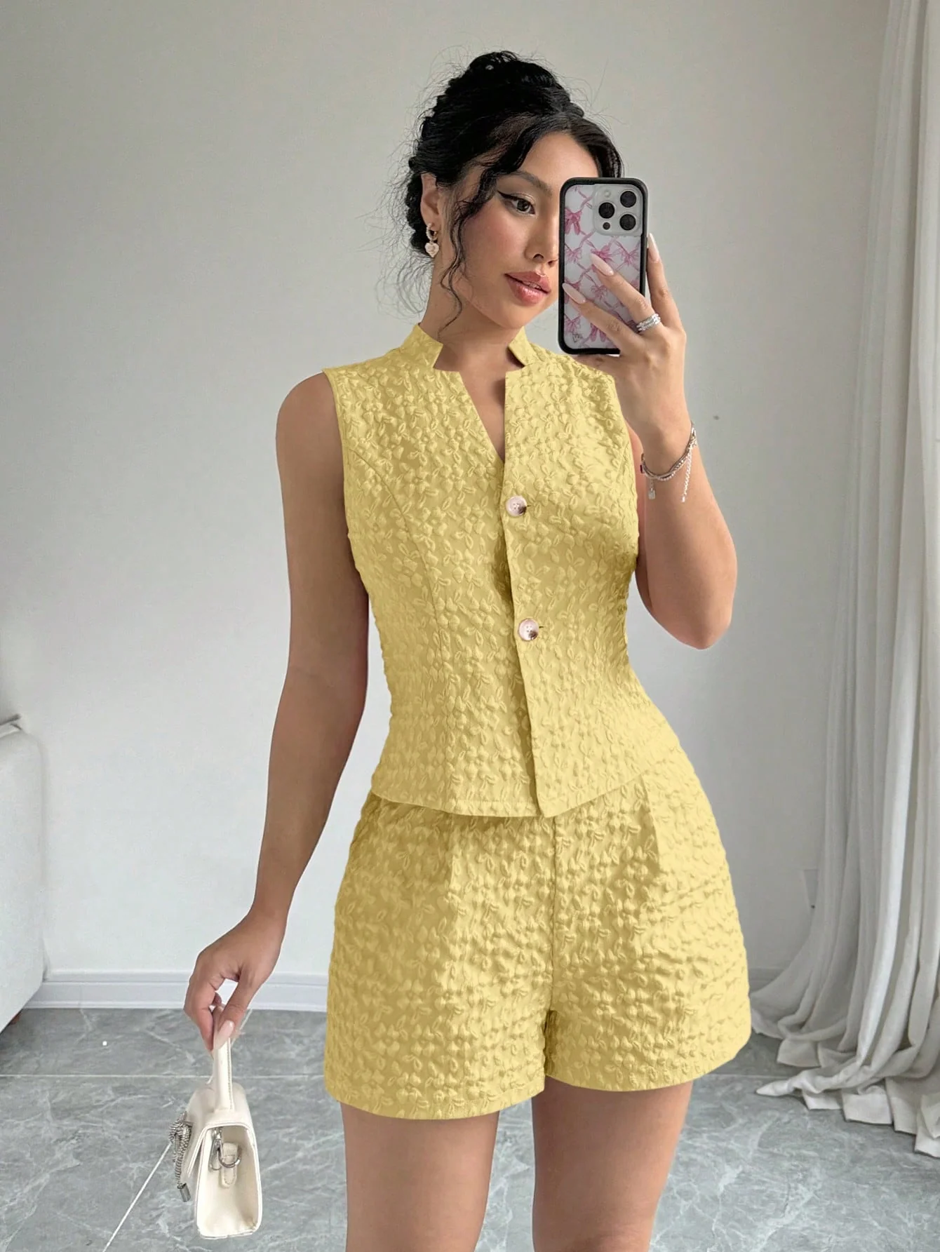 2pcs Solid Front Button Sleeveless Casual Top And Shorts Set - Image 4