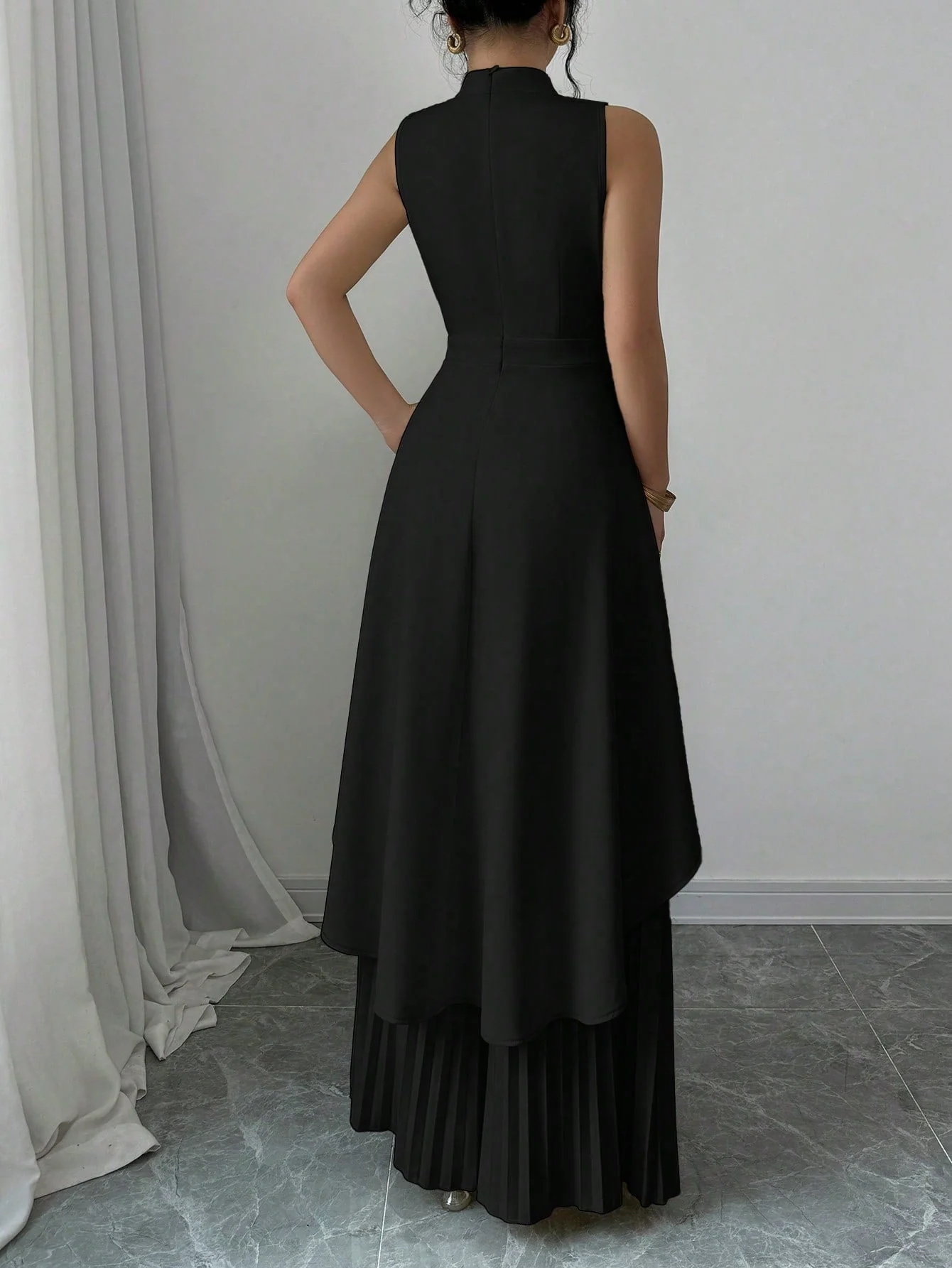 2pcs Solid Stand Collar Sleeveless High-Low Hem Top & Pleated Long Pants Set For Women - Image 3