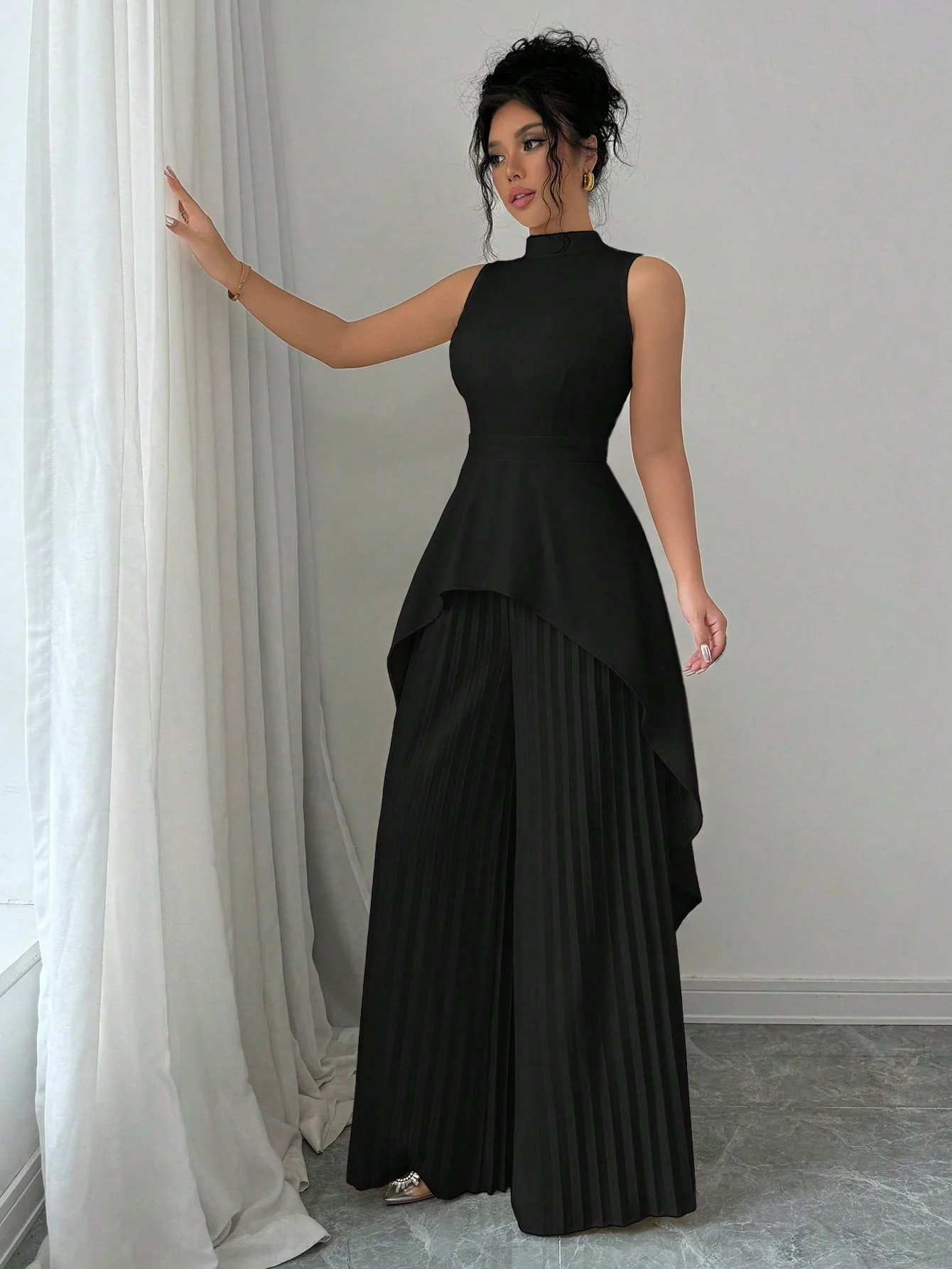 2pcs Solid Stand Collar Sleeveless High-Low Hem Top & Pleated Long Pants Set For Women - Image 4