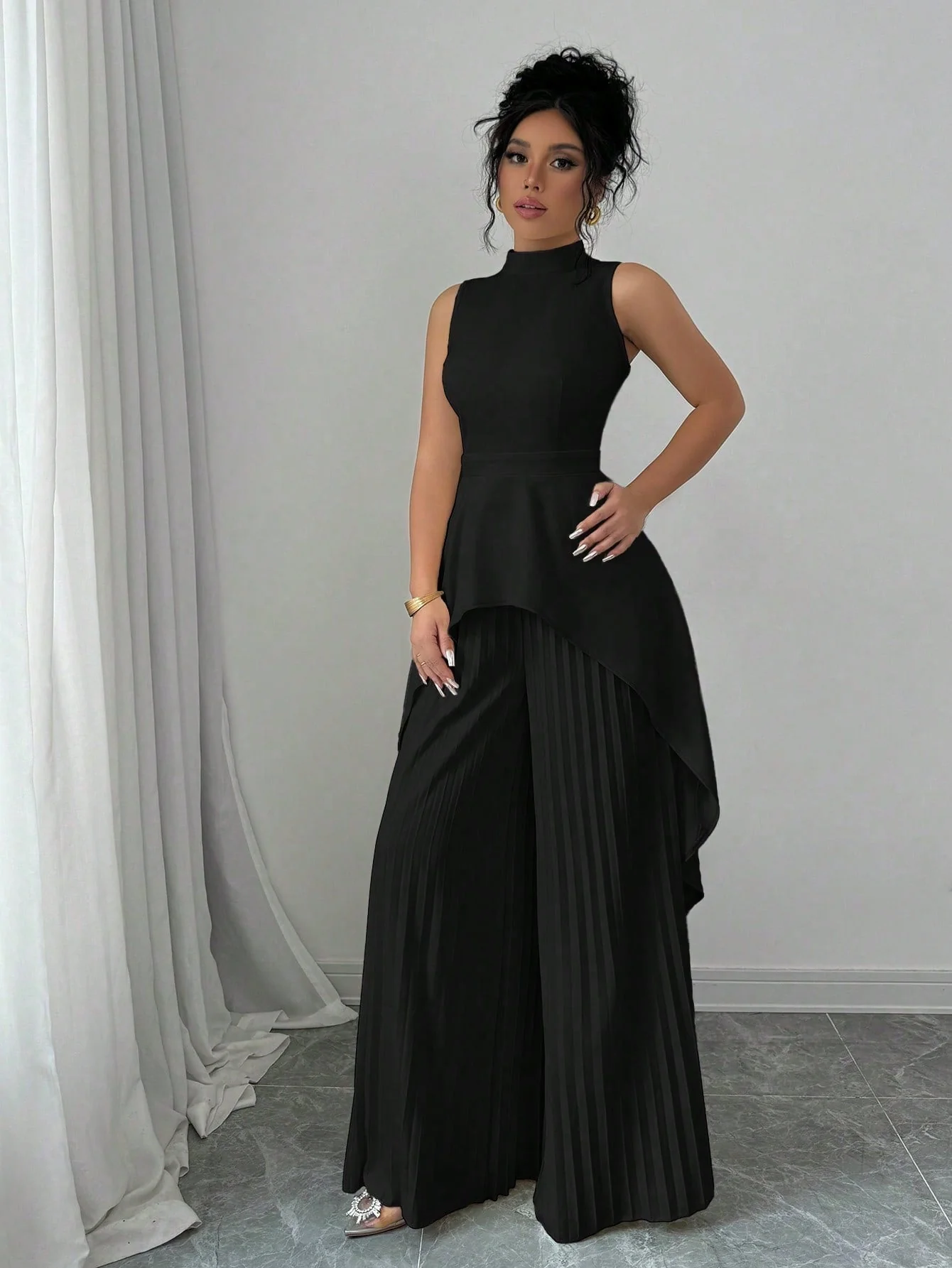 2pcs Solid Stand Collar Sleeveless High-Low Hem Top & Pleated Long Pants Set For Women - Image 5