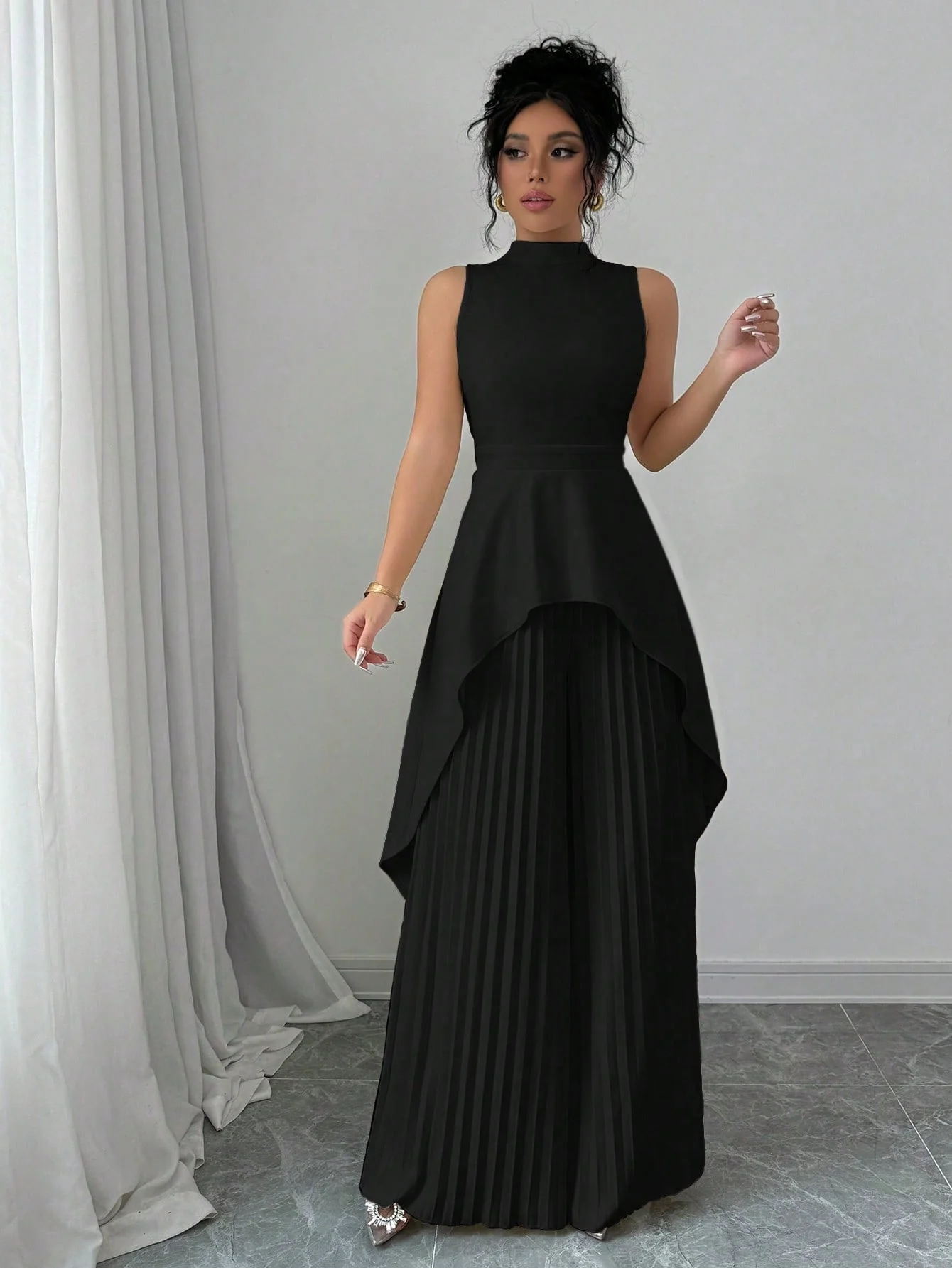 2pcs Solid Stand Collar Sleeveless High-Low Hem Top & Pleated Long Pants Set For Women - Image 6