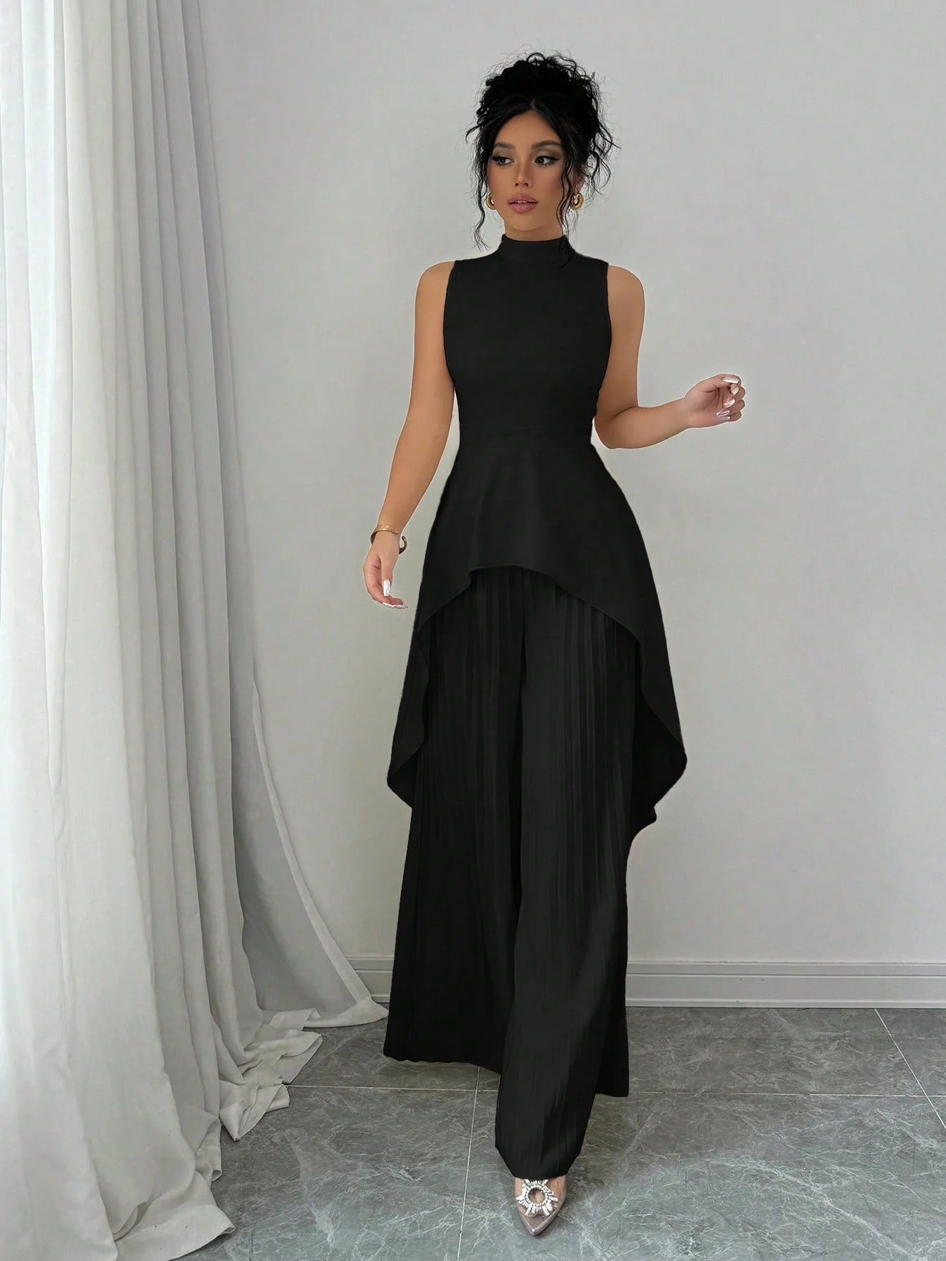 2pcs Solid Stand Collar Sleeveless High-Low Hem Top & Pleated Long Pants Set For Women - Image 7
