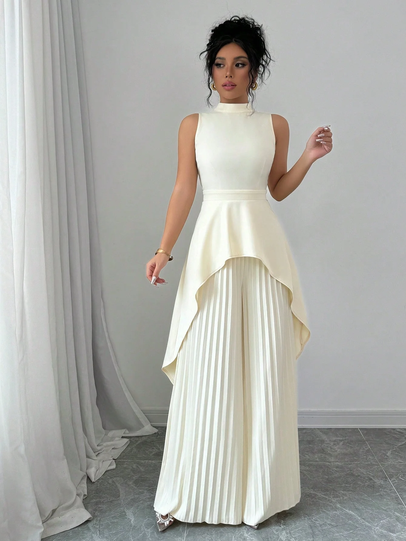 2pcs Solid Stand Collar Sleeveless High-Low Hem Top & Pleated Long Pants Set For Women - Image 8