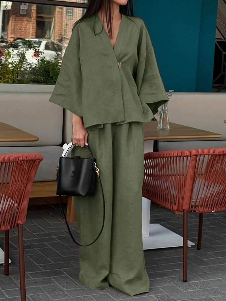 2pcs V-Neck A-Line Pants Set, Minimalist Urban Style, - Image 12