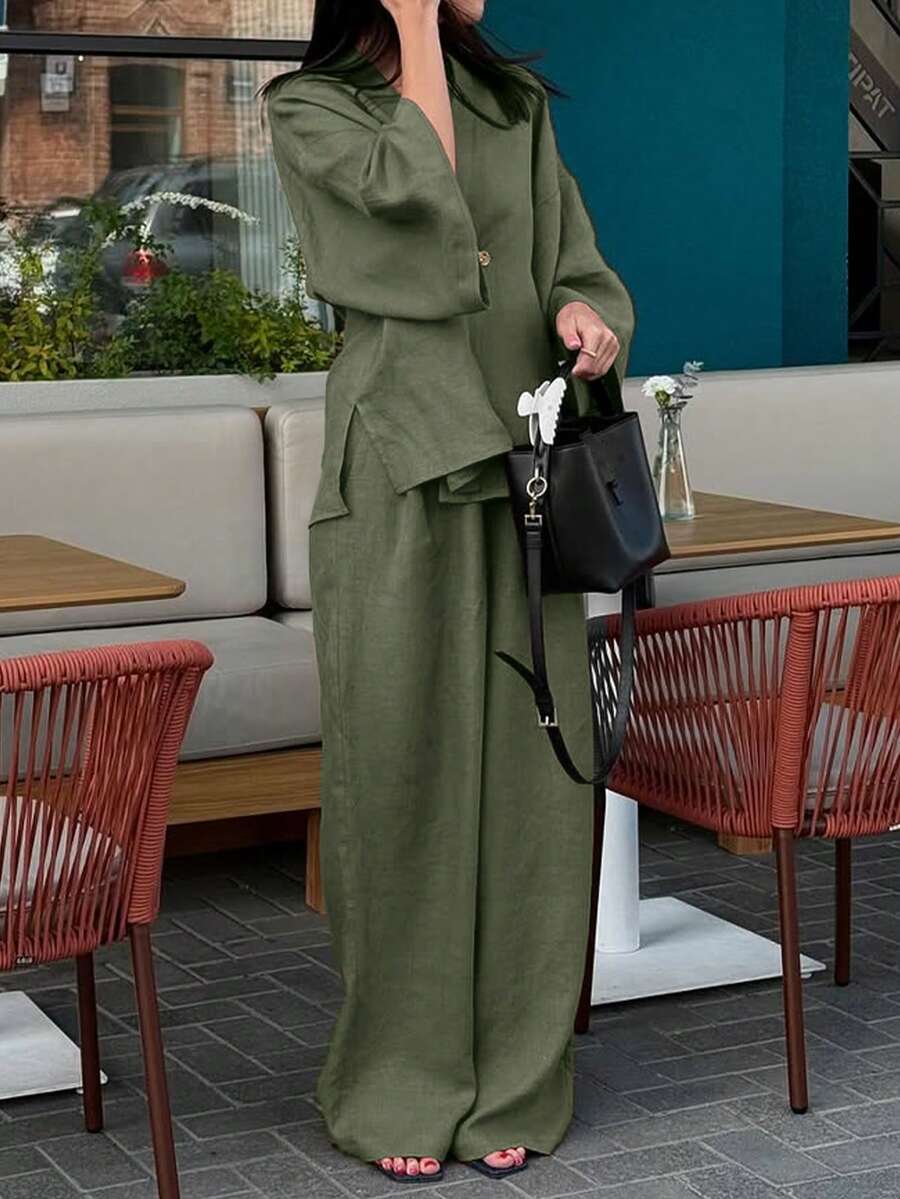 2pcs V-Neck A-Line Pants Set, Minimalist Urban Style, - Image 13