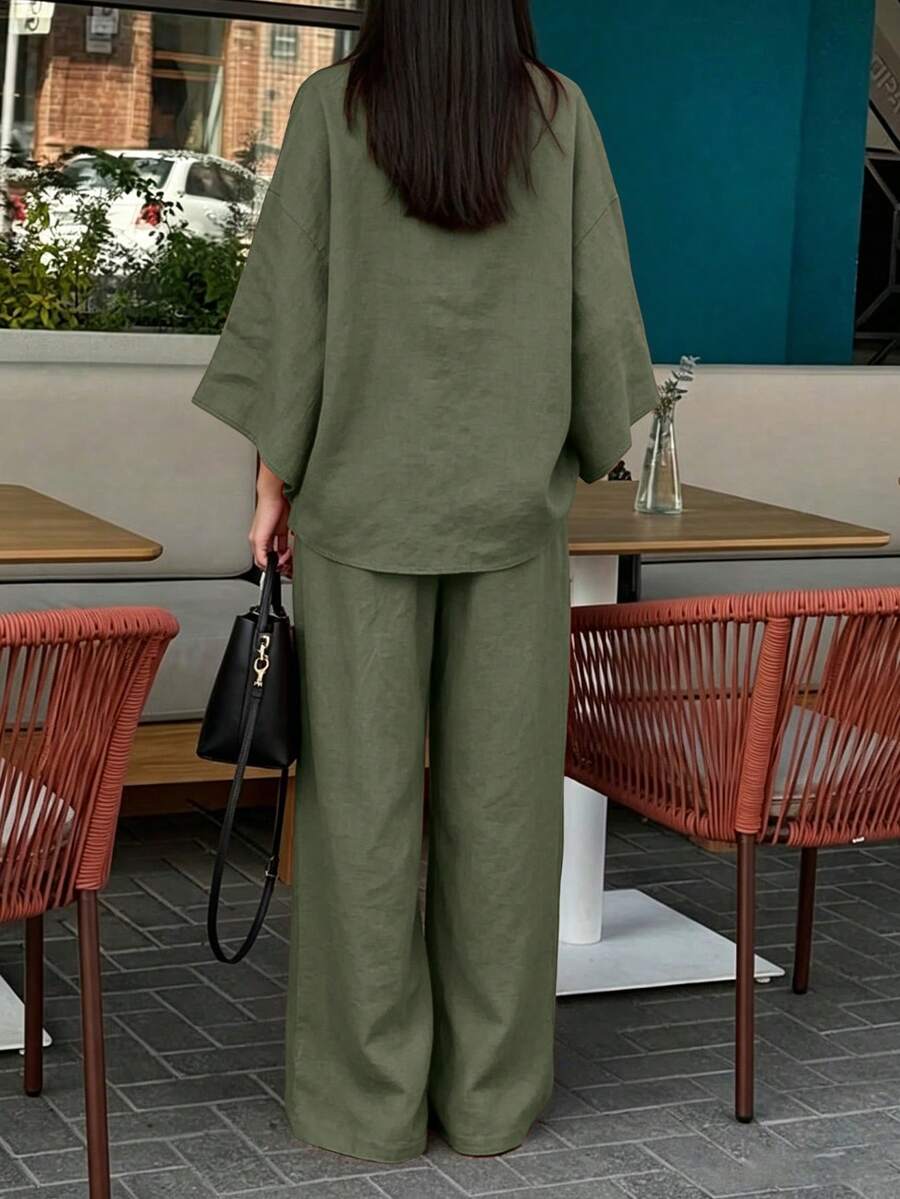 2pcs V-Neck A-Line Pants Set, Minimalist Urban Style, - Image 14