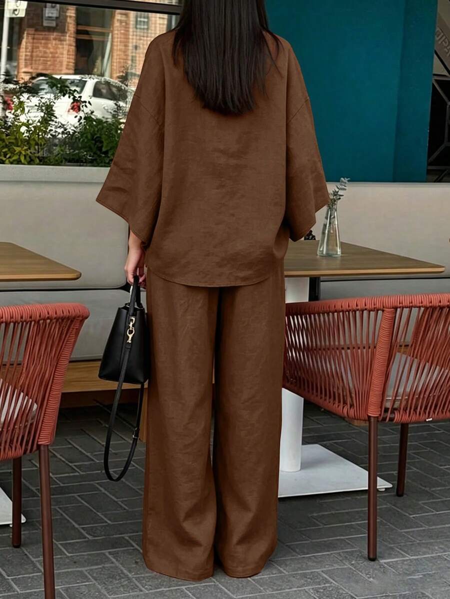 2pcs V-Neck A-Line Pants Set, Minimalist Urban Style, - Image 19