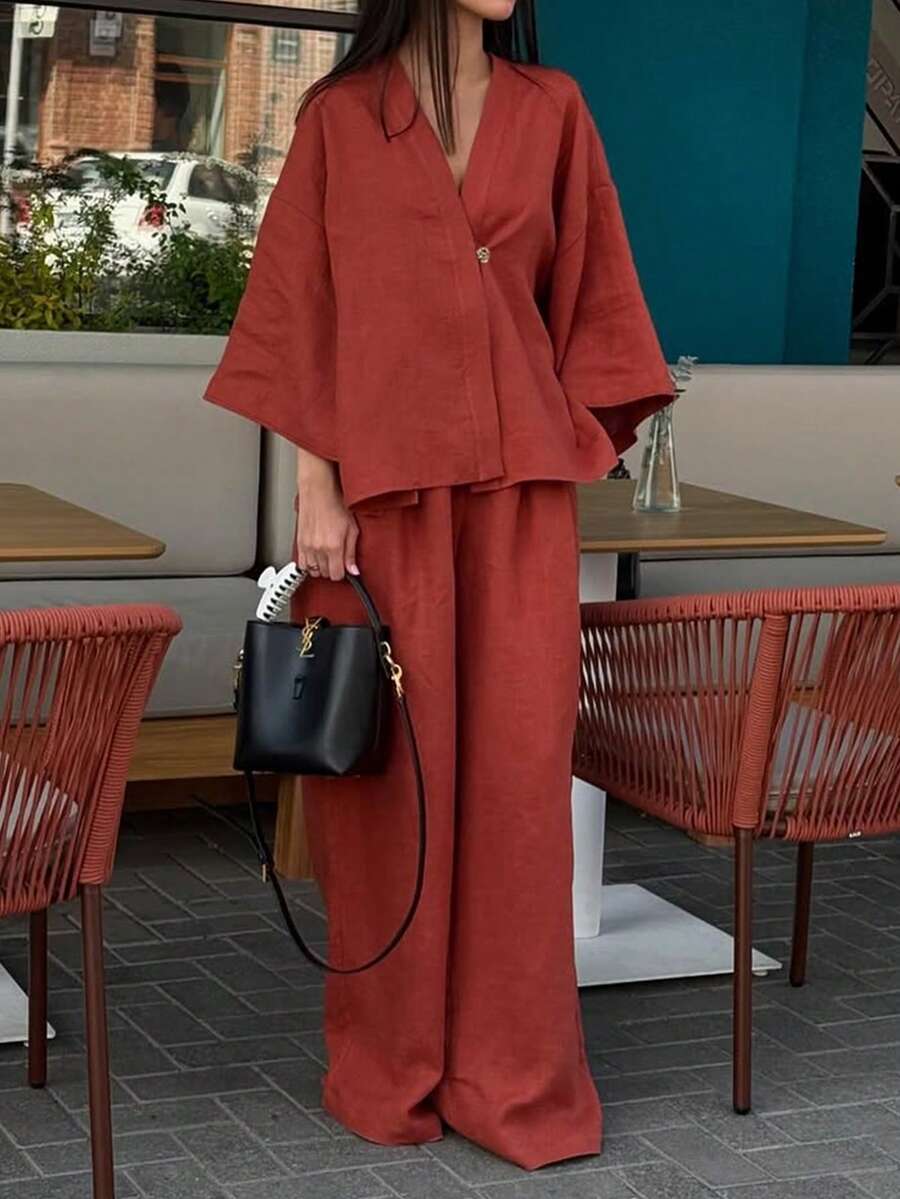 2pcs V-Neck A-Line Pants Set, Minimalist Urban Style, - Image 2