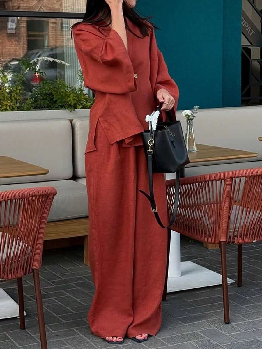 2pcs V-Neck A-Line Pants Set, Minimalist Urban Style, - Image 3