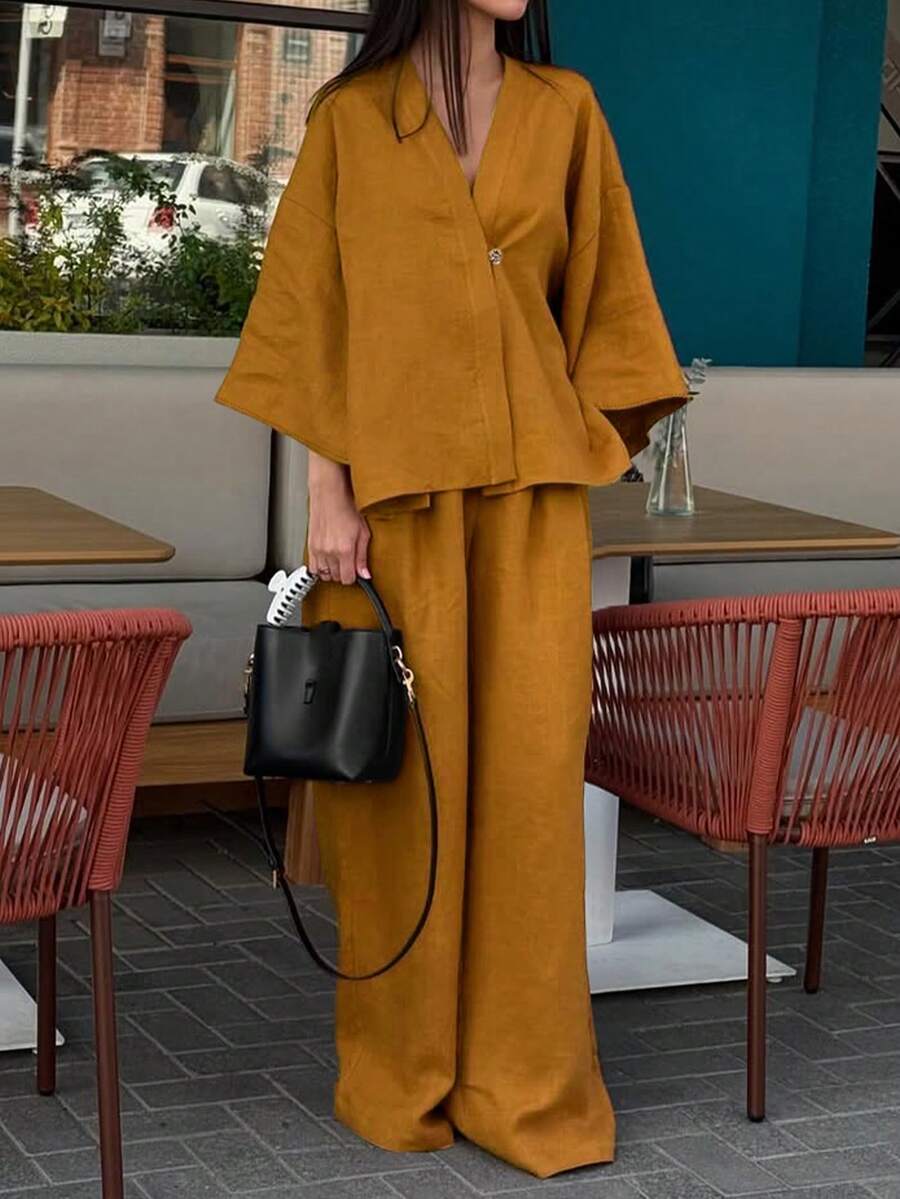 2pcs V-Neck A-Line Pants Set, Minimalist Urban Style, - Image 31