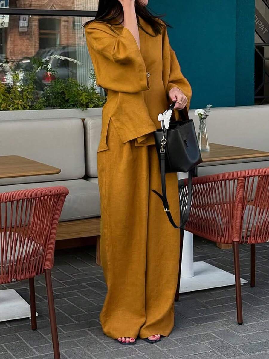 2pcs V-Neck A-Line Pants Set, Minimalist Urban Style, - Image 32