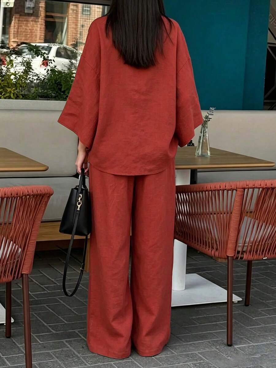 2pcs V-Neck A-Line Pants Set, Minimalist Urban Style, - Image 4