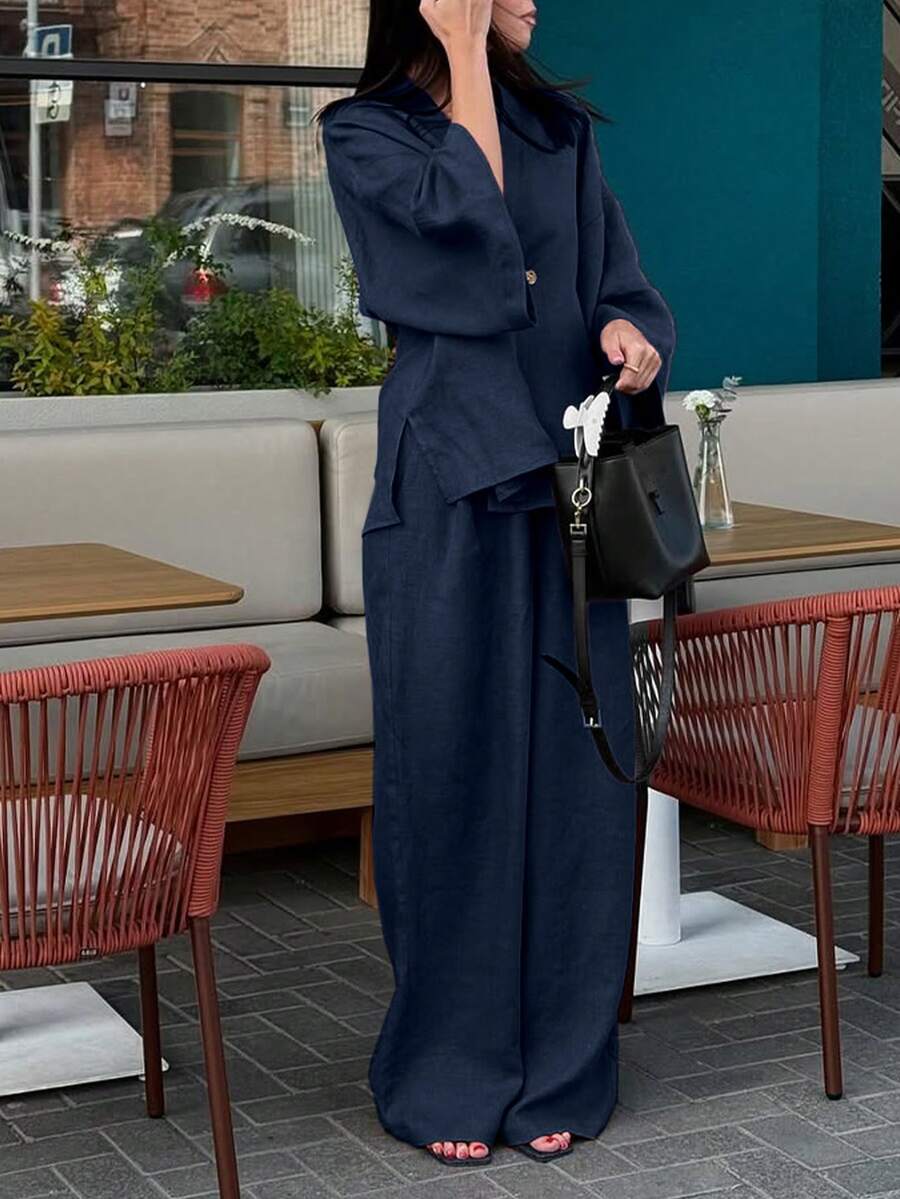 2pcs V-Neck A-Line Pants Set, Minimalist Urban Style, - Image 8