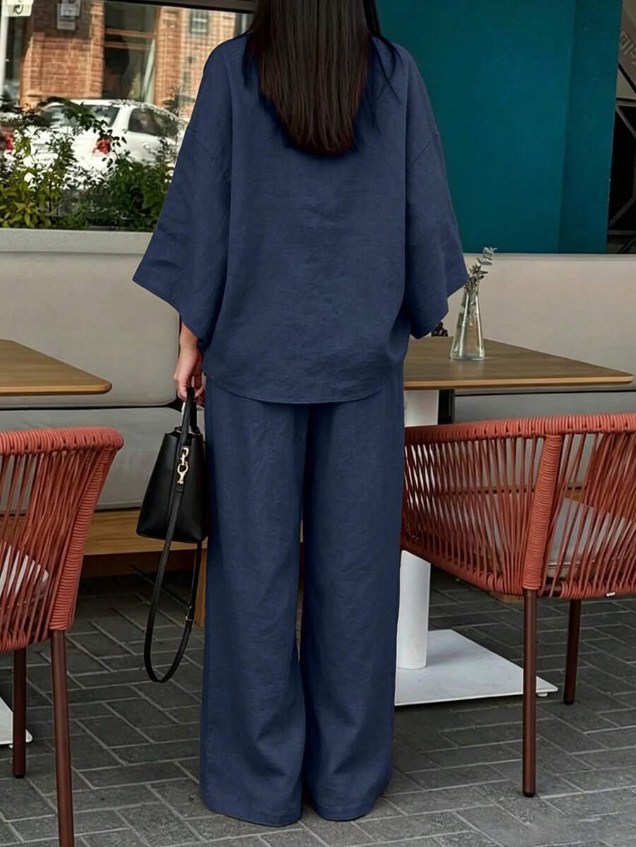 2pcs V-Neck A-Line Pants Set, Minimalist Urban Style, - Image 9