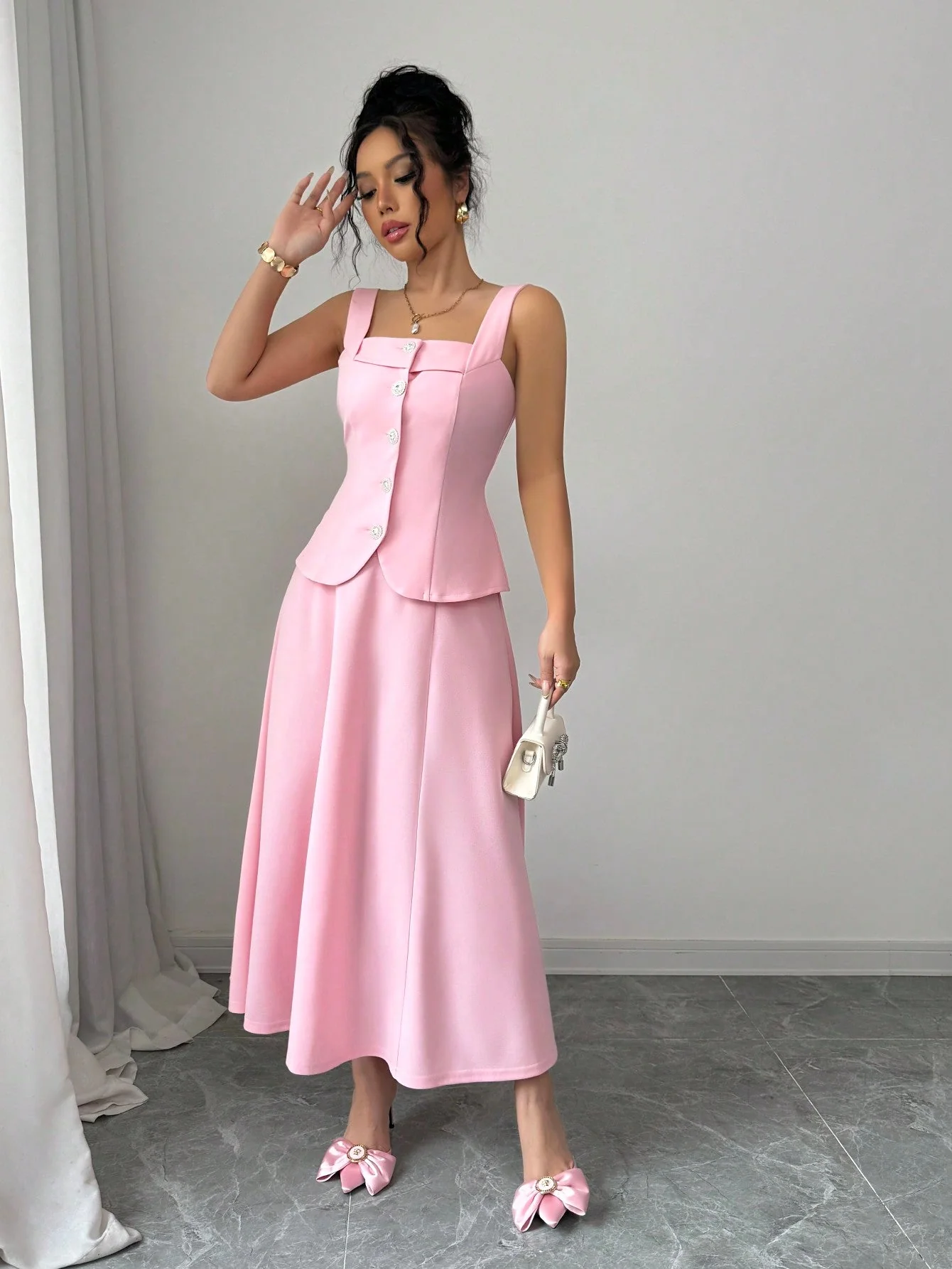 2pcs Women Elegant Single-Breasted Camisole And Mini Skirt Set - Image 3