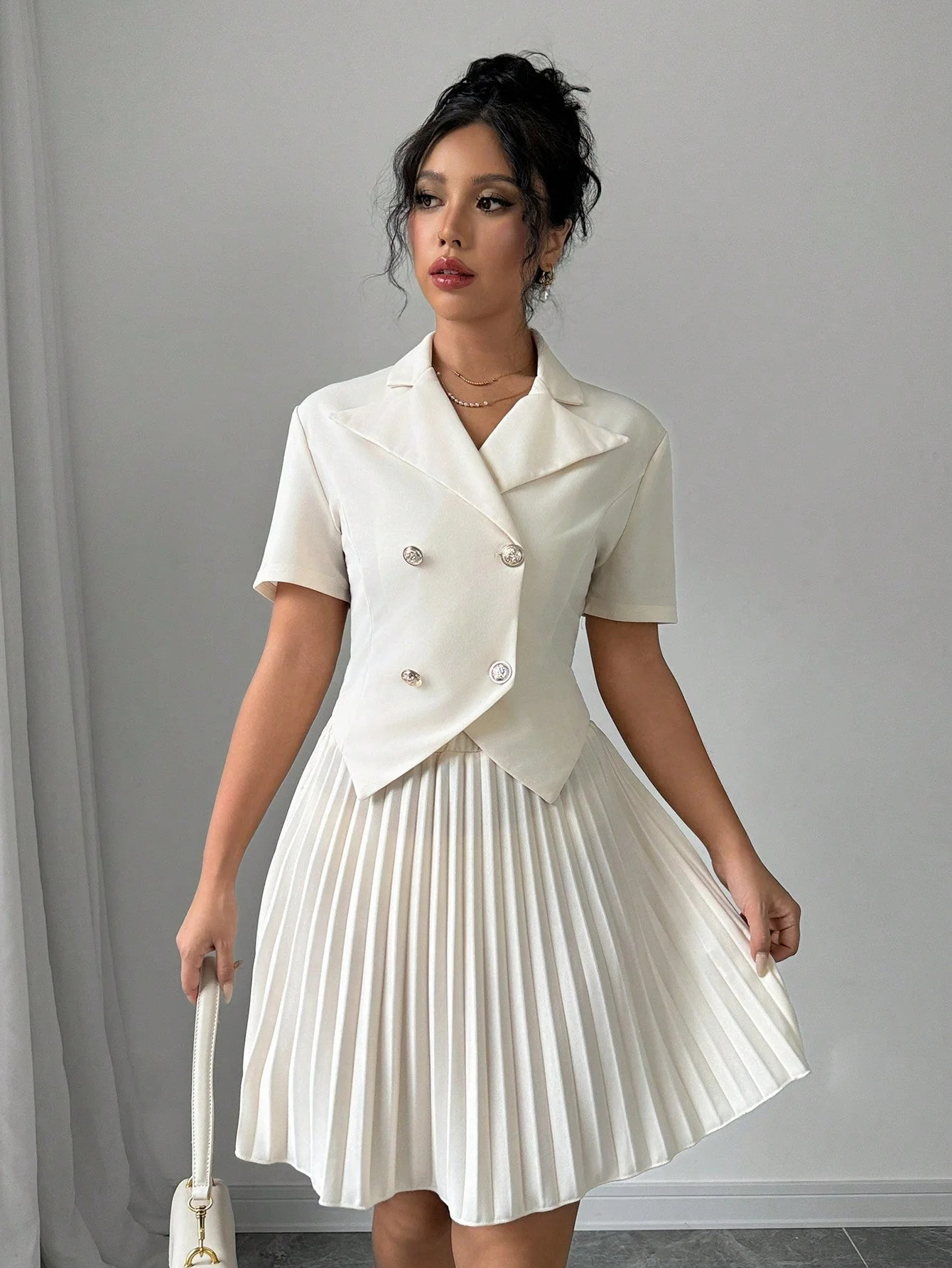 2pcs Women Elegant Solid Polo Collar Short Sleeve Double Breasted Top And Pleated Mini Skirt Set