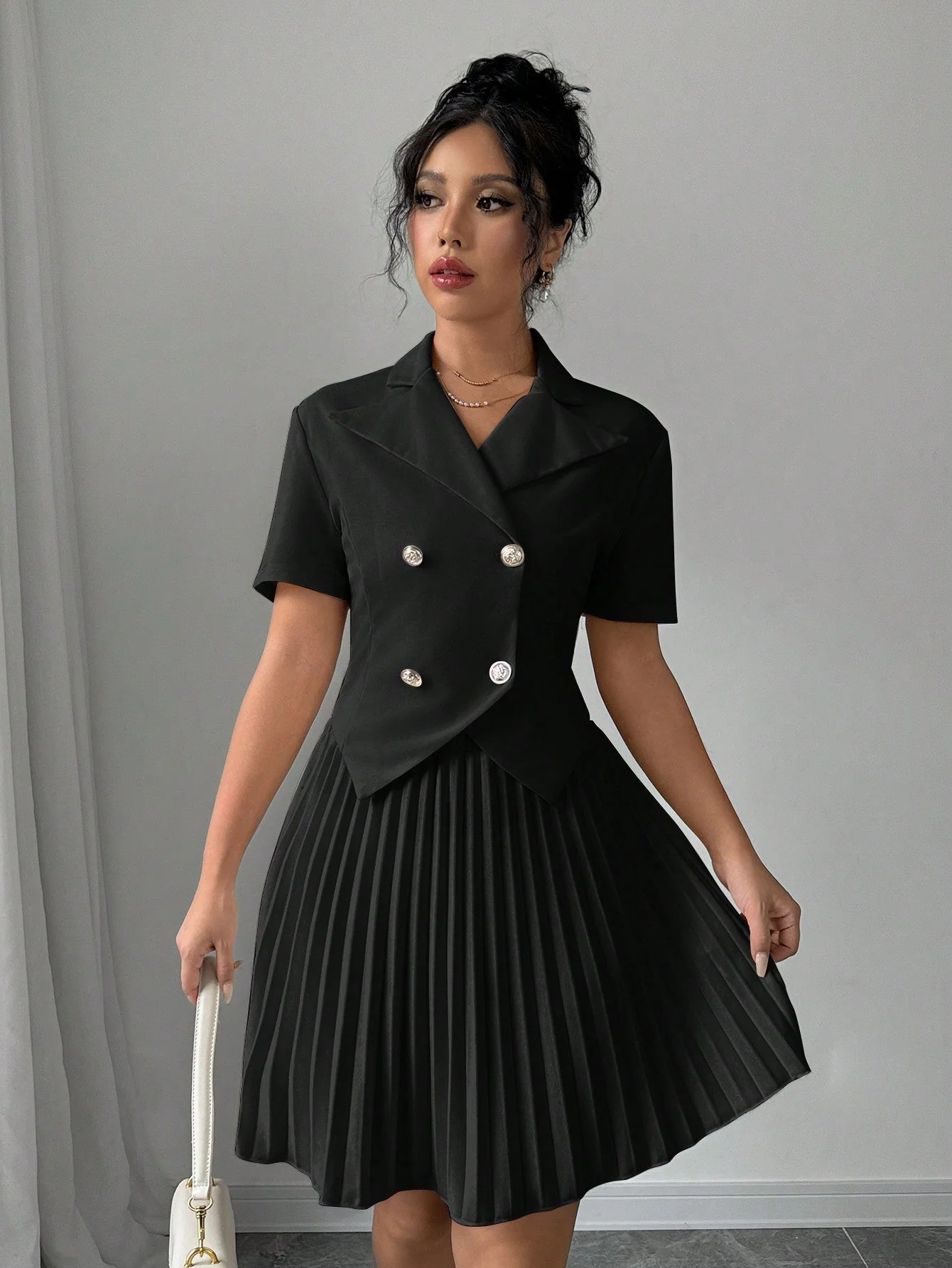 2pcs Women Elegant Solid Polo Collar Short Sleeve Double Breasted Top And Pleated Mini Skirt Set - Image 3