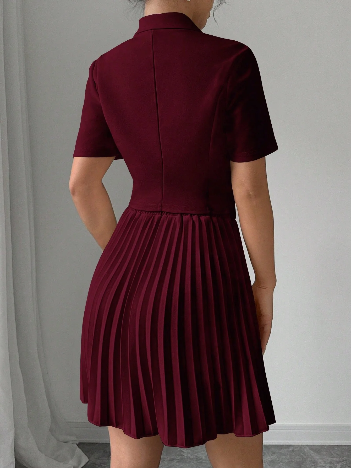 2pcs Women Elegant Solid Polo Collar Short Sleeve Double Breasted Top And Pleated Mini Skirt Set - Image 4