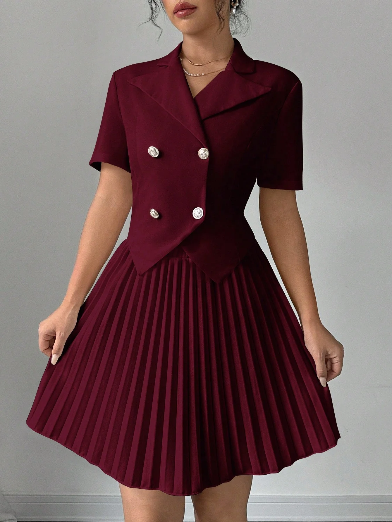 2pcs Women Elegant Solid Polo Collar Short Sleeve Double Breasted Top And Pleated Mini Skirt Set - Image 5